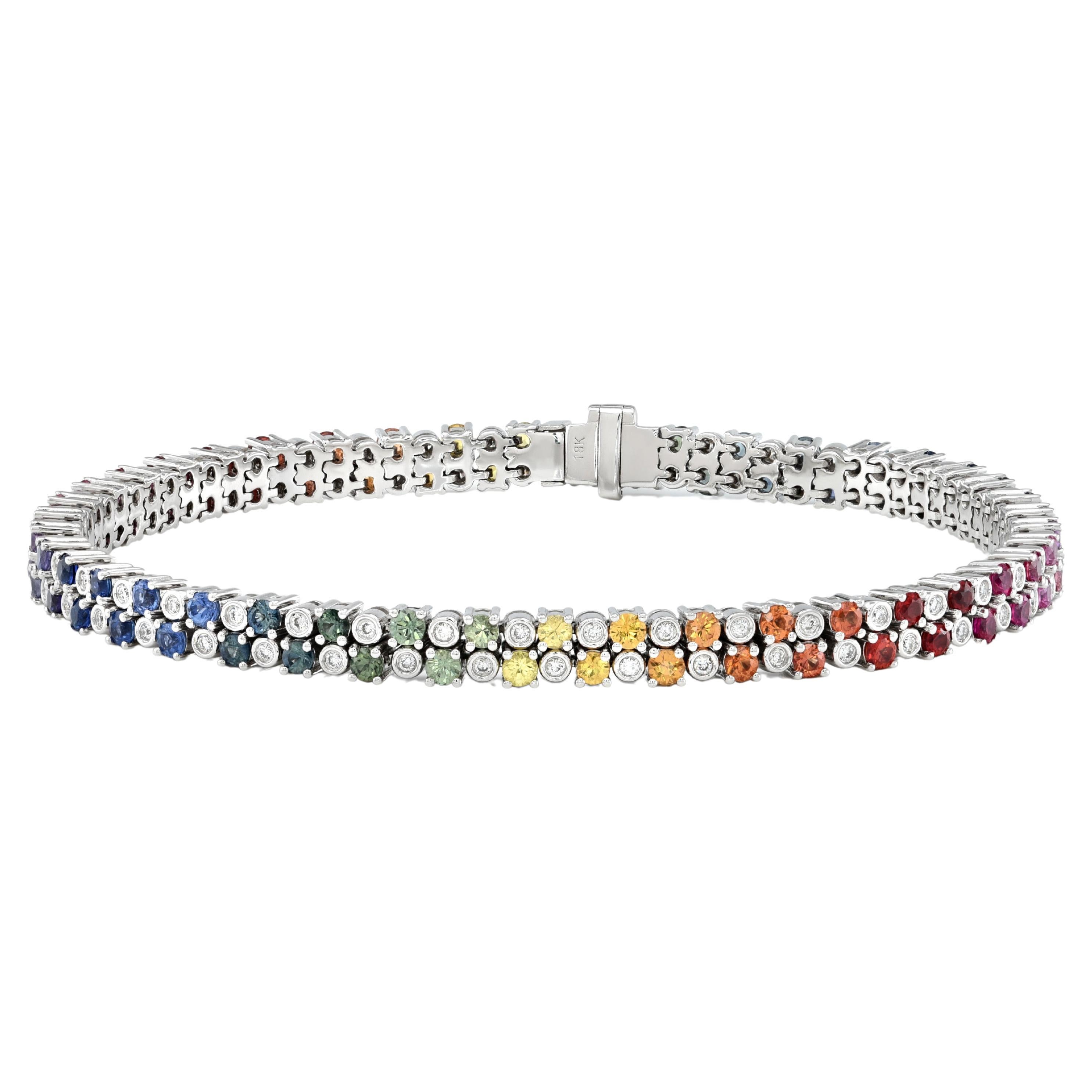 Bracelet en or blanc 18 carats, diamants et saphirs multicolores arc-en-ciel de 3,04 carats