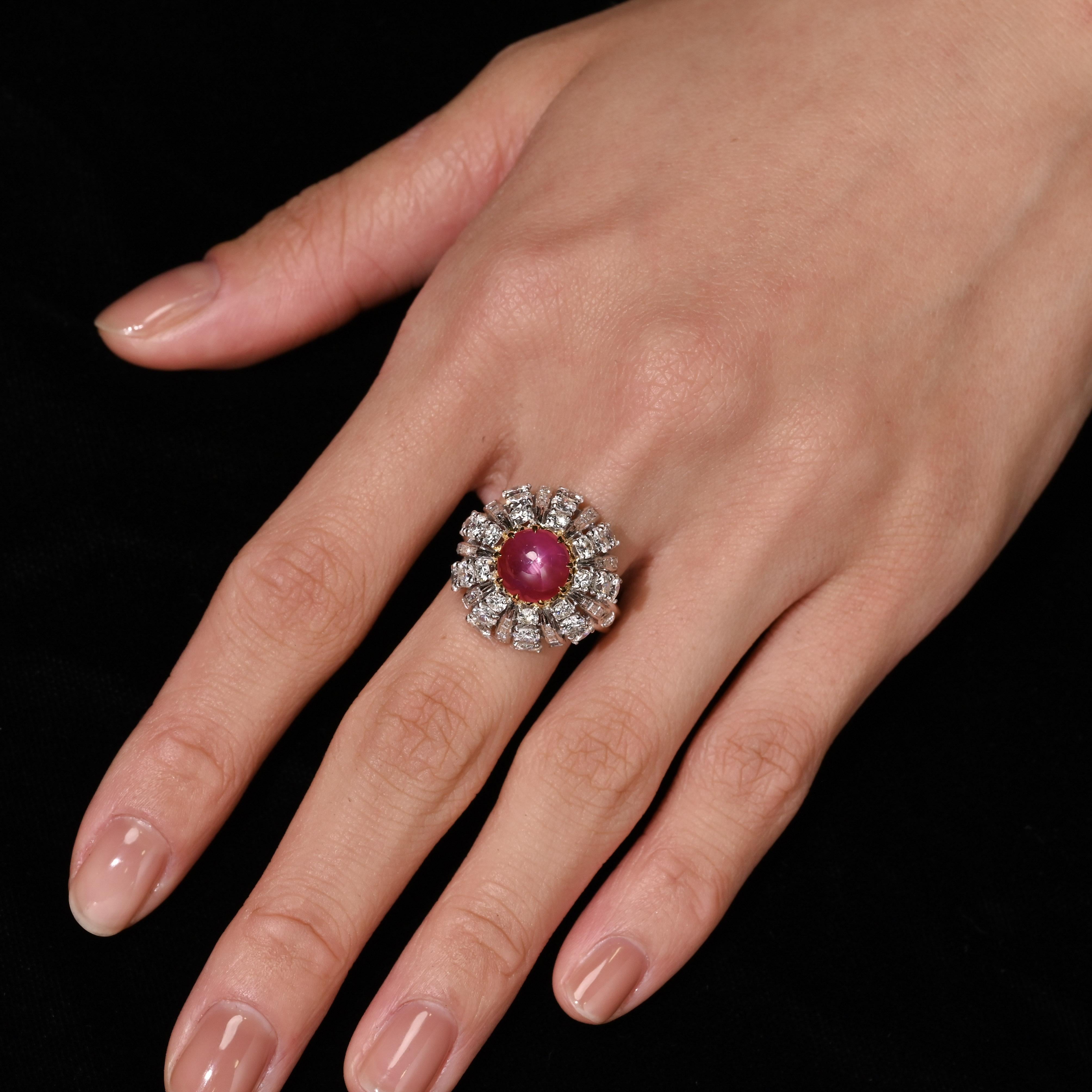 A collector’s masterpiece featuring a 3.04 carat no-heat Burmese Star Ruby with striking asterism, elegantly encircled by natural baguette and round diamonds in a handcrafted 18K white gold sunburst dome shank ring setting. The Ring setting is of