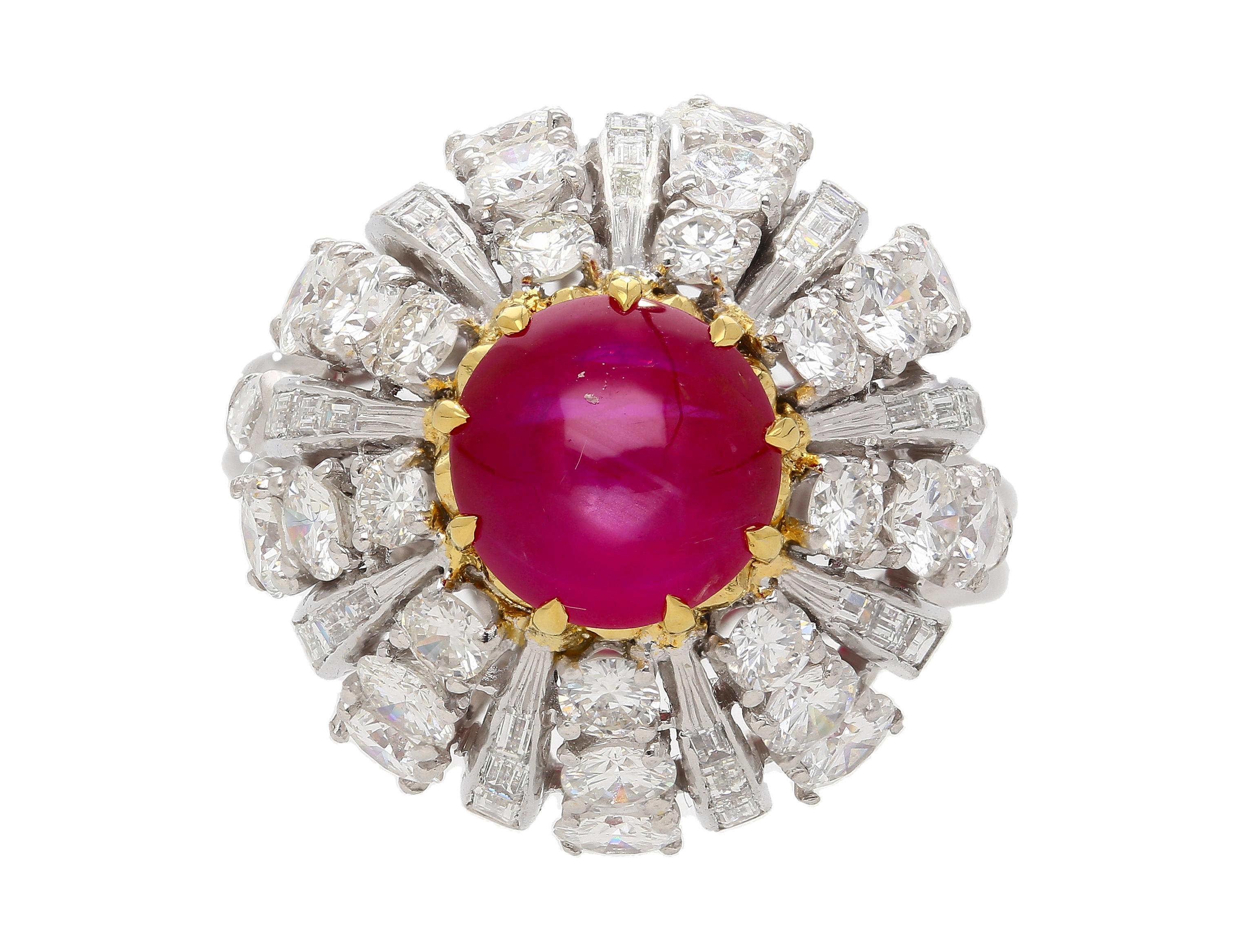 Women's 3.04 Carat Star Ruby No-Heat Burma & Diamond 18K Gold Sunburst Ring For Sale