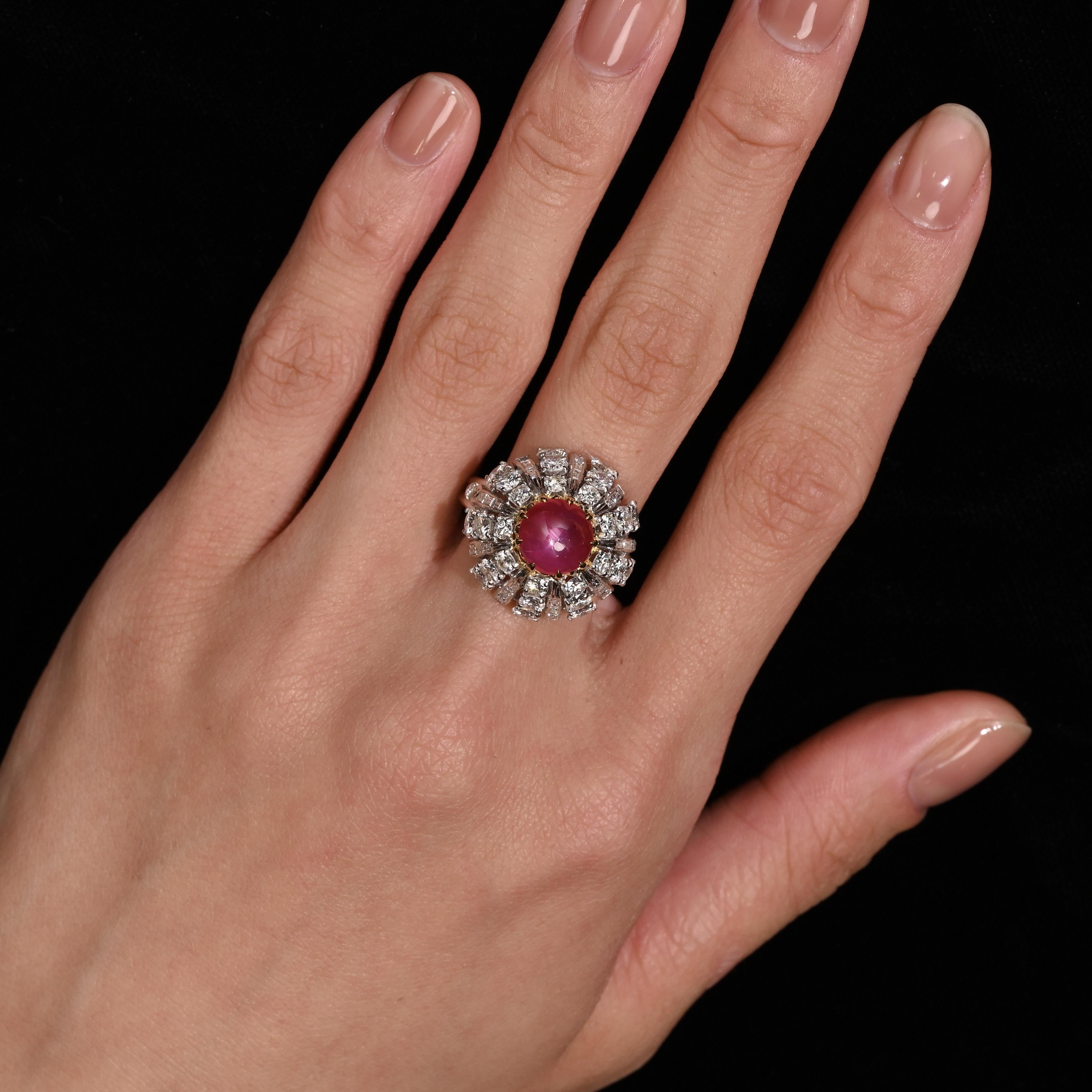 Cabochon 3.04 Carat Star Ruby No-Heat Burma & Diamond 18K Gold Sunburst Ring For Sale