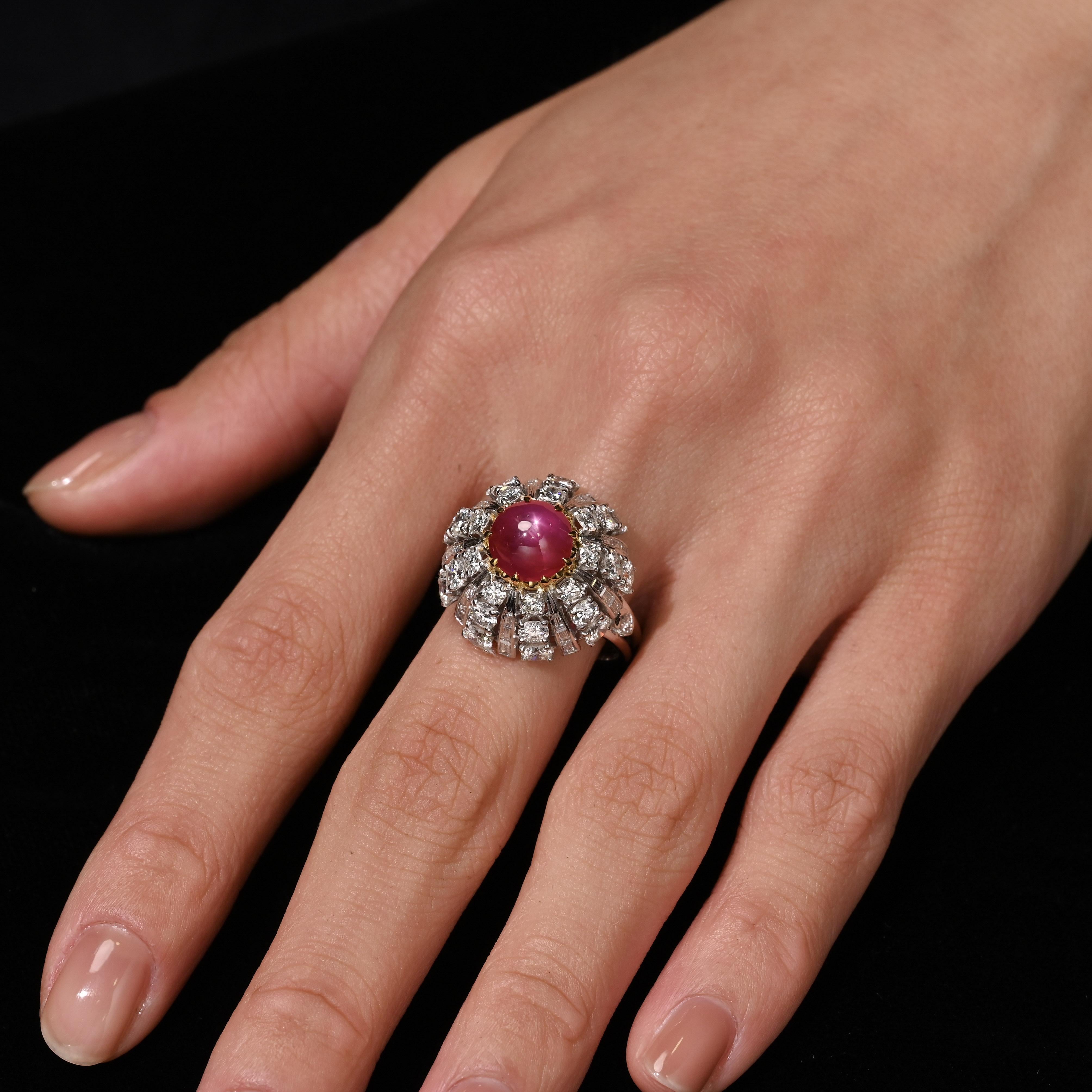 Art Deco 3.04 Carat Star Ruby No-Heat Burma & Diamond 18K Gold Sunburst Ring For Sale