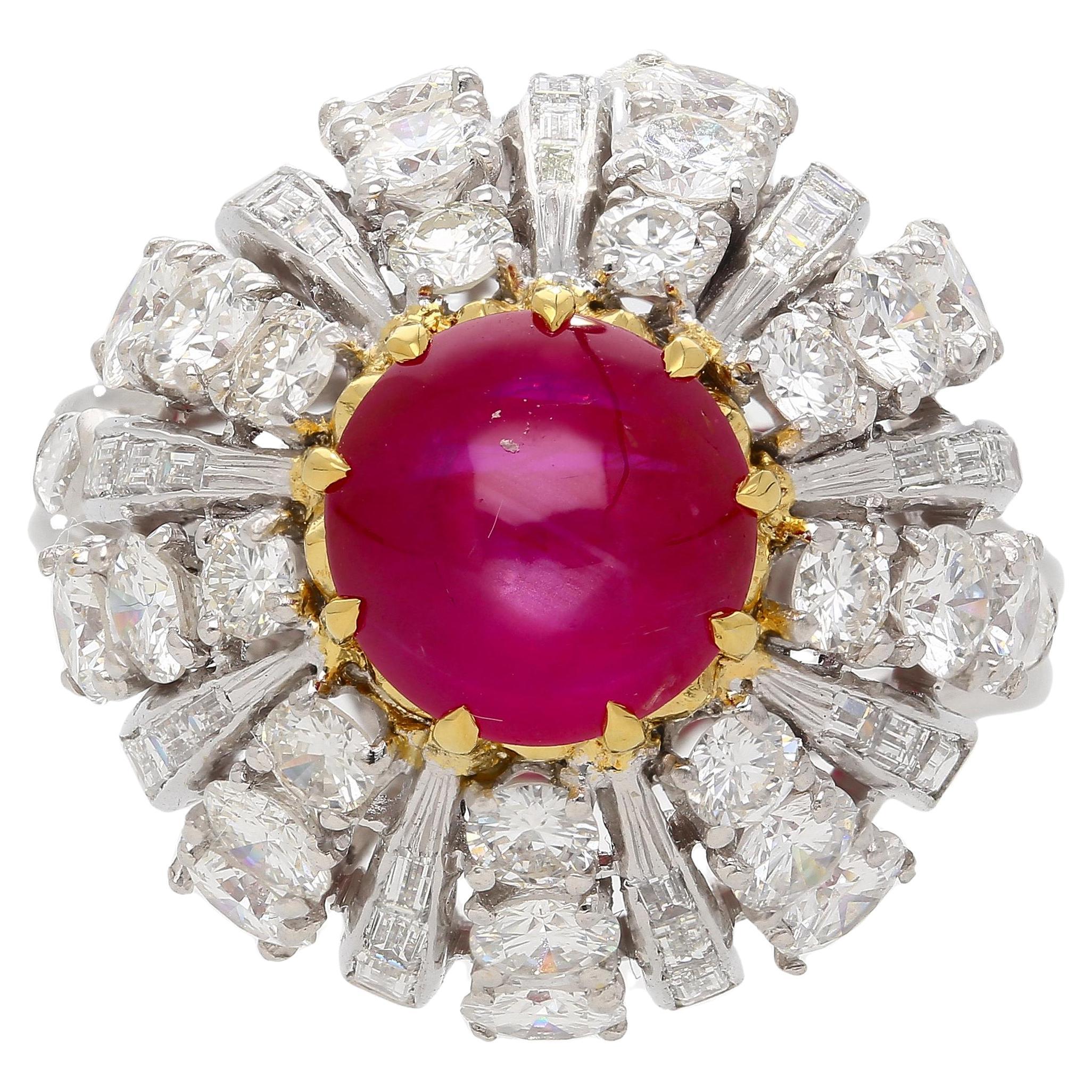3.04 Carat Star Ruby No-Heat Burma & Diamond 18K Gold Sunburst Ring