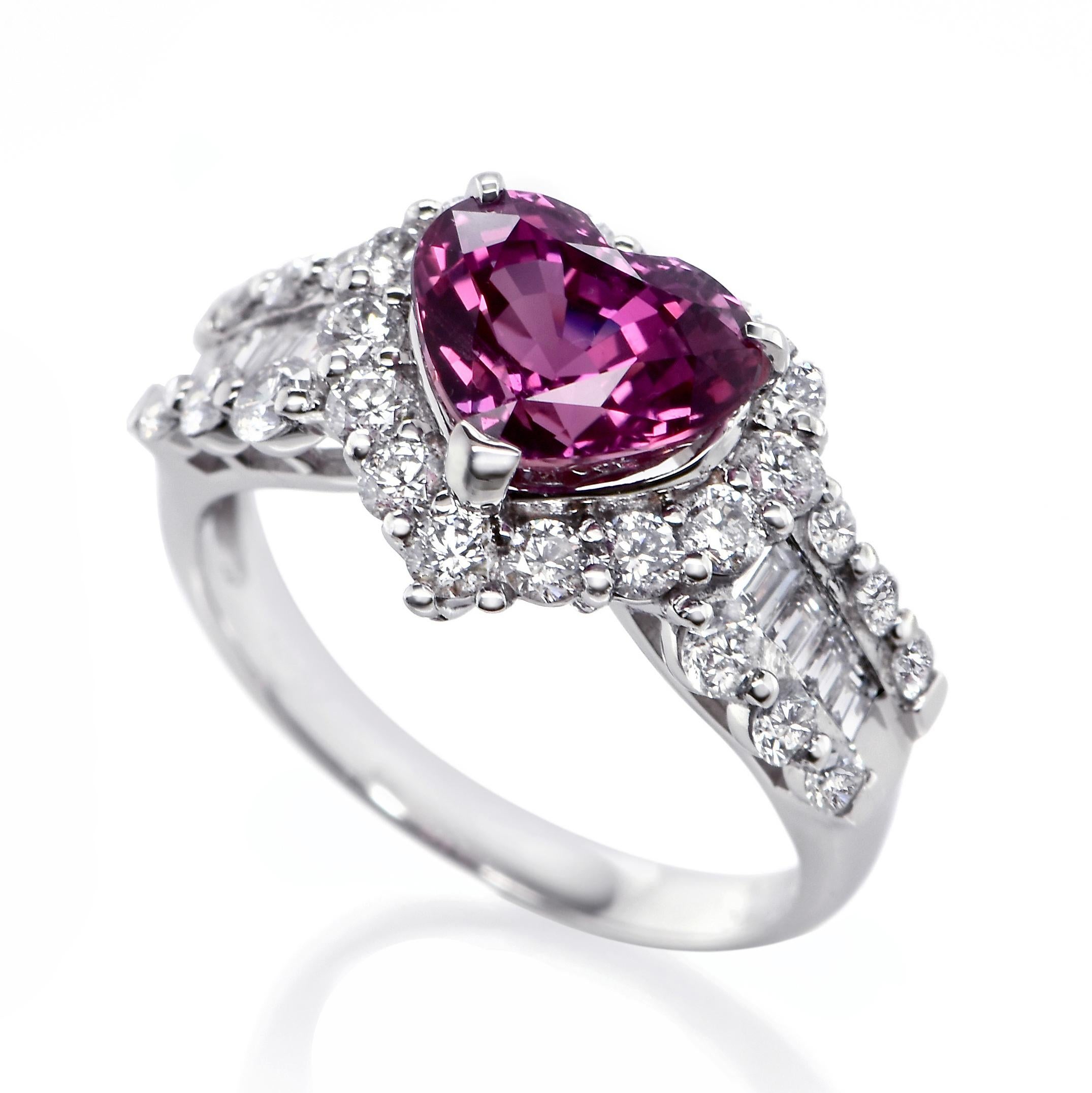 A beautiful ring featuring AIGS Certified 3.04 Carat Natural Unheated Purple Sapphire and 1.08 Carats Diamond Accents set in Platinum. Sapphires have extraordinary durability - they excel in hardness as well as toughness and durability making them