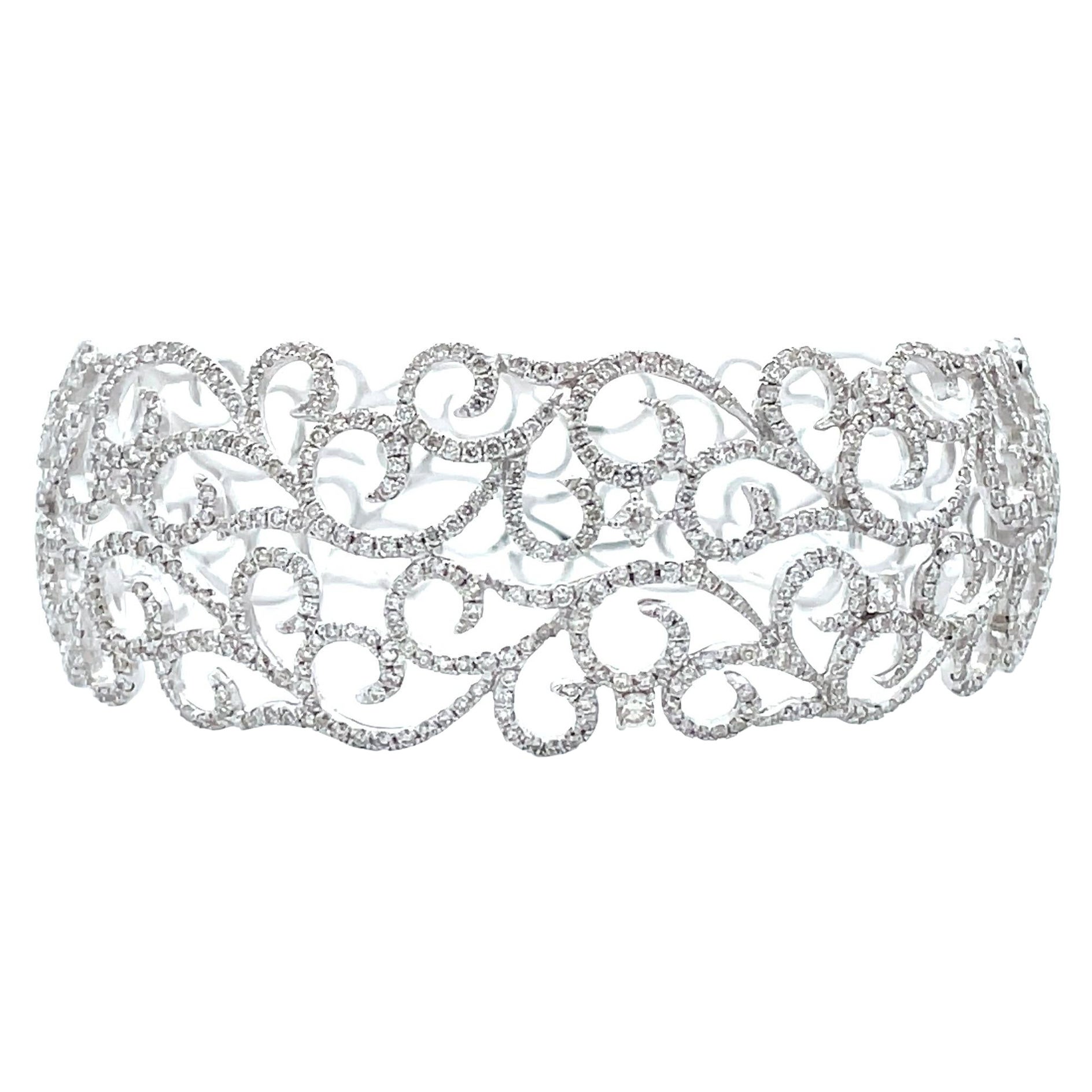 3.04 Carat Vintage Inspired Diamond Vine Hollow Bangle in 14k White Gold For Sale
