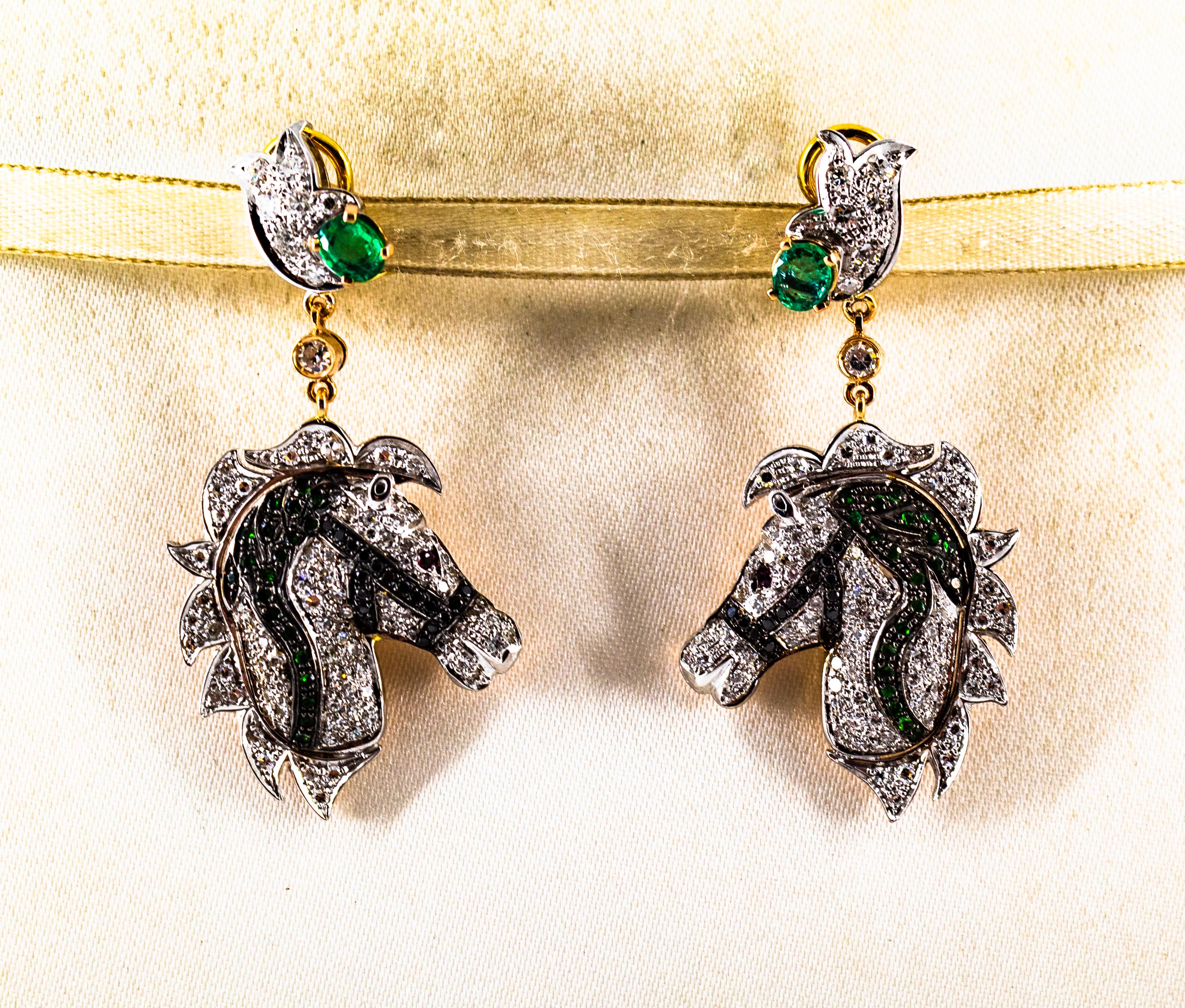 Art Nouveau 3.04 Carat White Black Diamond Ruby Emerald Yellow Gold Horses Clip-On Earrings