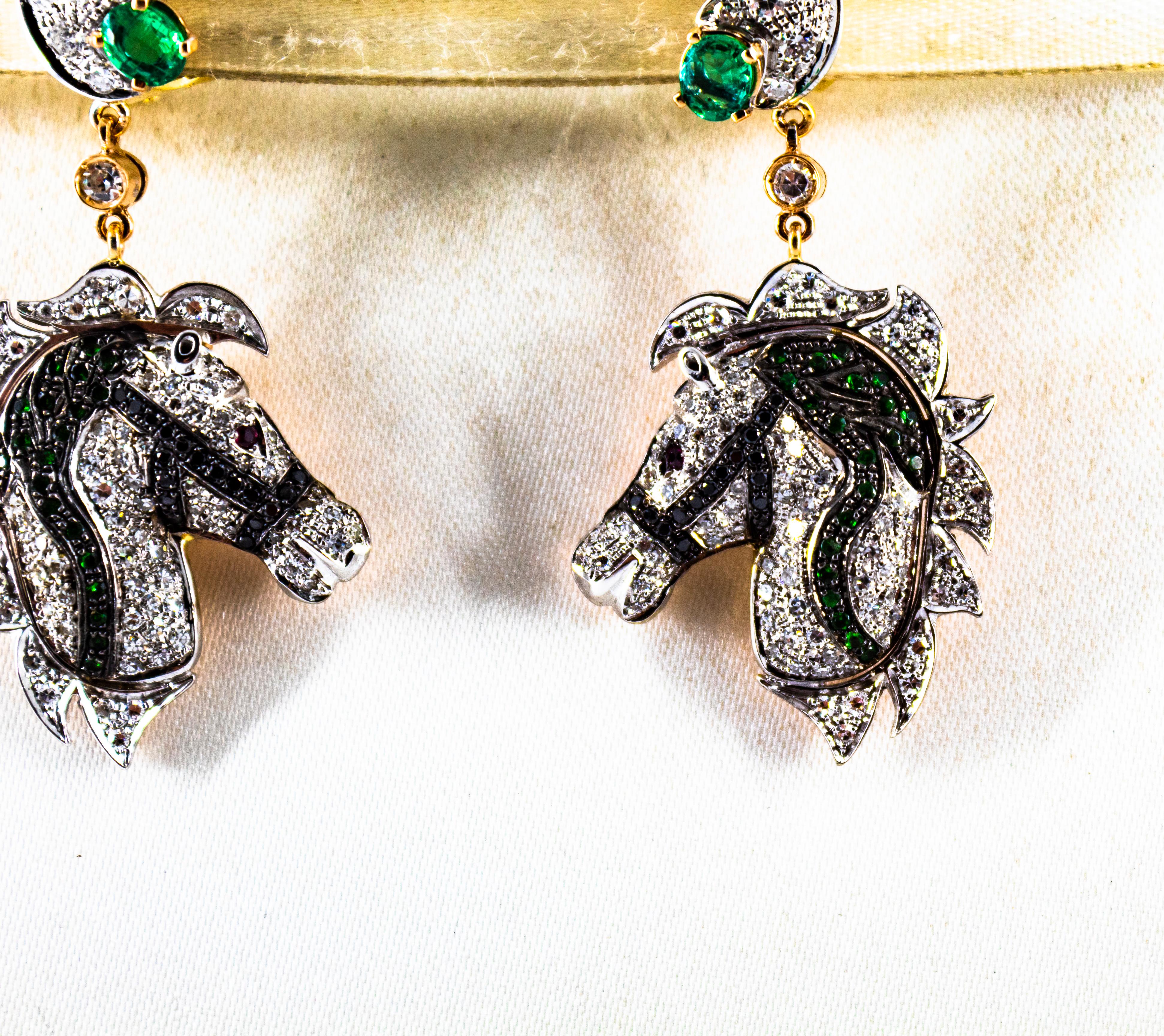 Mixed Cut 3.04 Carat White Black Diamond Ruby Emerald Yellow Gold Horses Clip-On Earrings