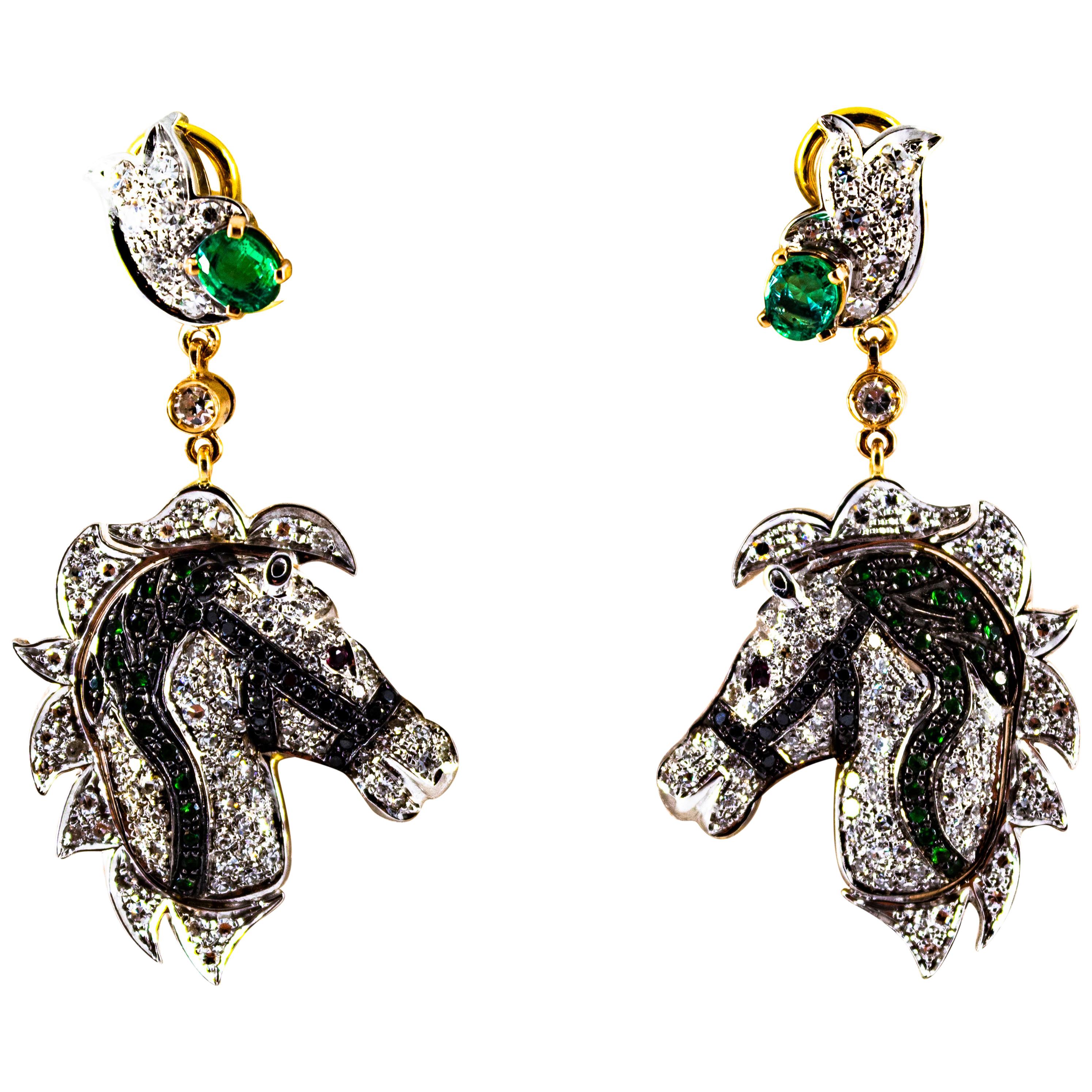 3.04 Carat White Black Diamond Ruby Emerald Yellow Gold Horses Clip-On Earrings