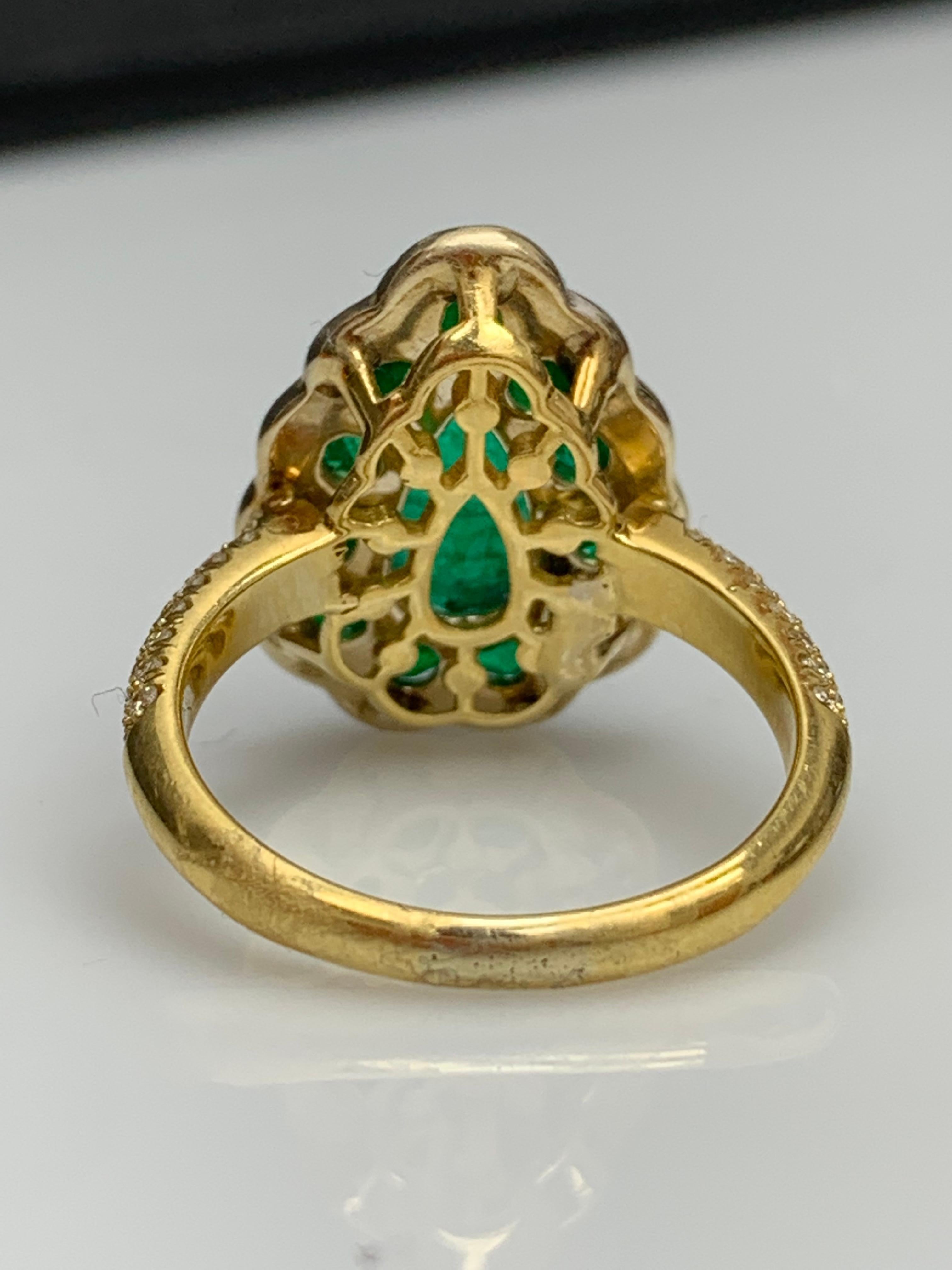 3.04 Carats Pear Shape Emerald and Diamond 18K Yellow Gold Cocktail Ring For Sale 7