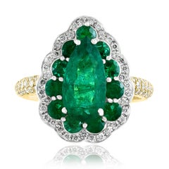 3.04 Carats Pear Shape Emerald and Diamond 18K Yellow Gold Cocktail Ring