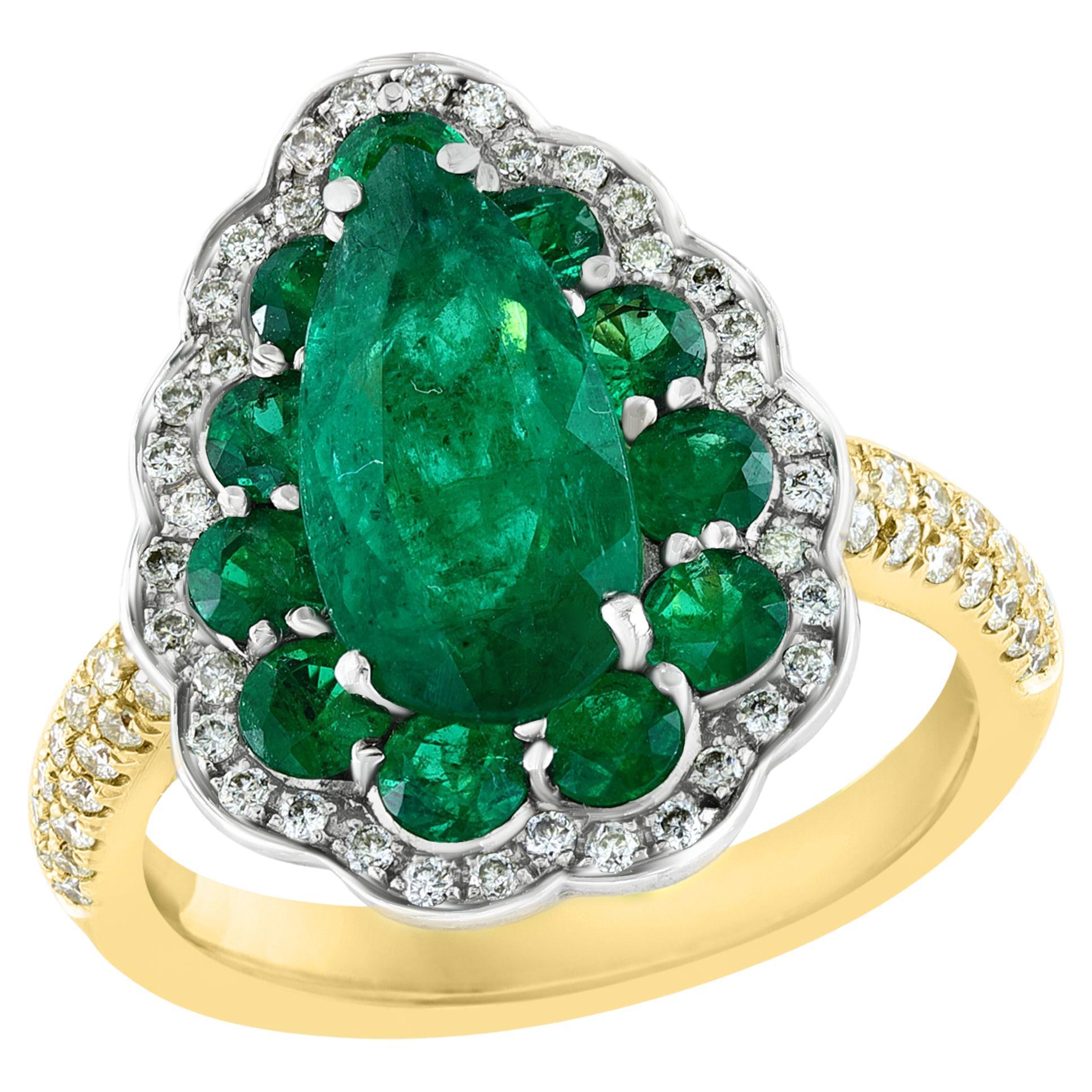 3.04 Carats Pear Shape Emerald and Diamond 18K Yellow Gold Cocktail Ring For Sale