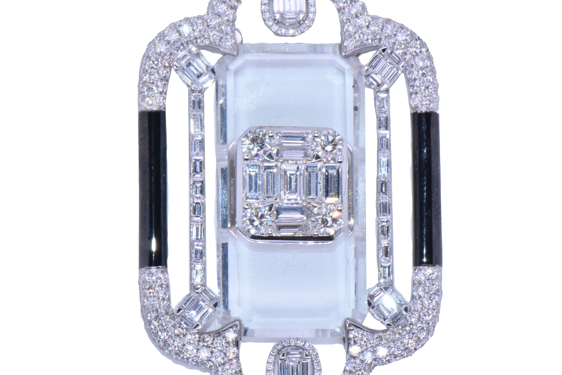 30.40 Carat Sunray Crystal & Diamond Pendant In 18k White
Beautiful One of a Kind Art-Deco Style Pendant, with Diamond Borders, Baguette and Clack Enamel Briges, and a Baguette Diamond Center Set on top of a Sunray Crystal 

Total Crystal Carat