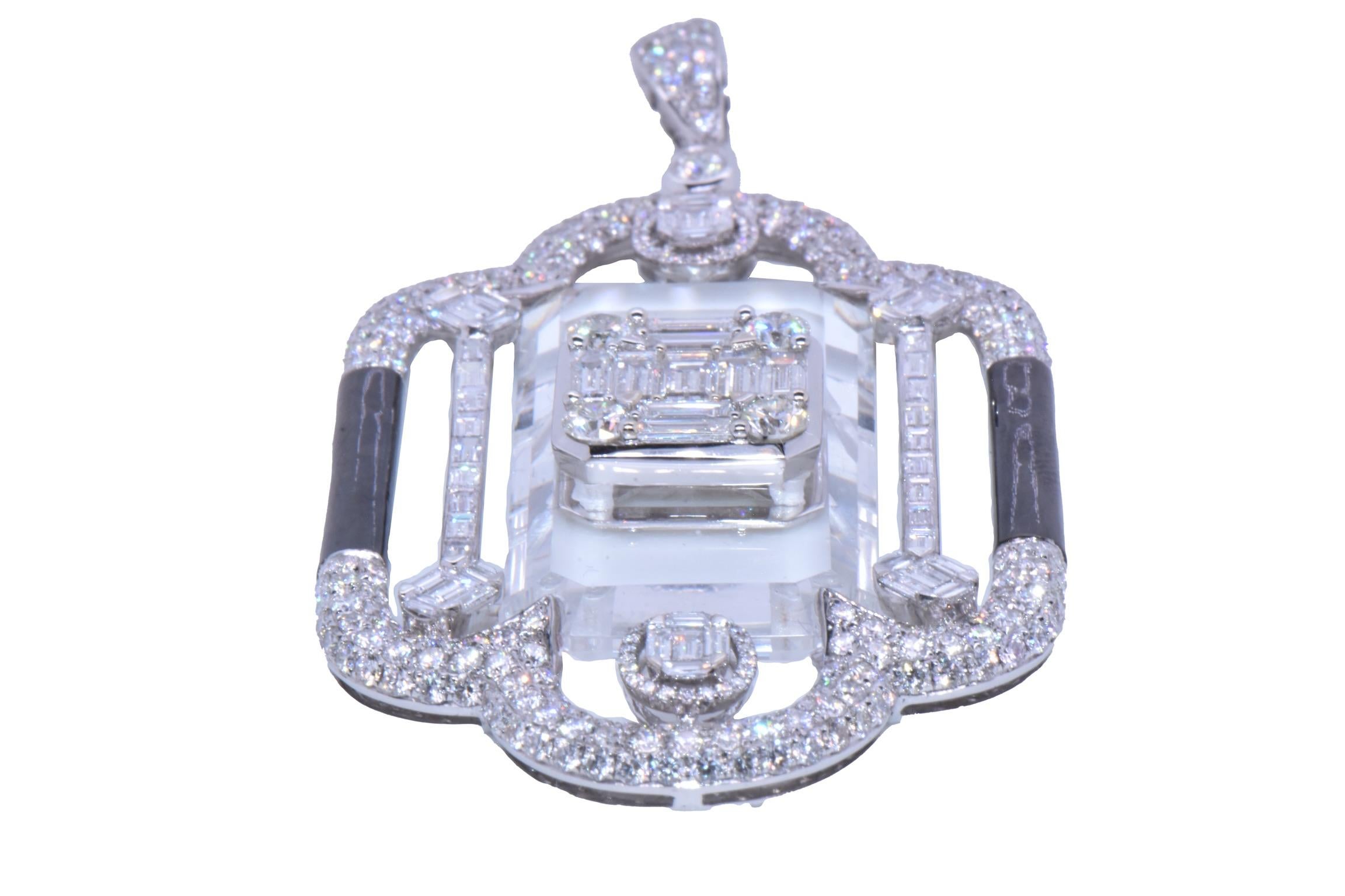 Art Deco 30.40 Carat Sunray Crystal & Diamond Pendant In 18k White For Sale