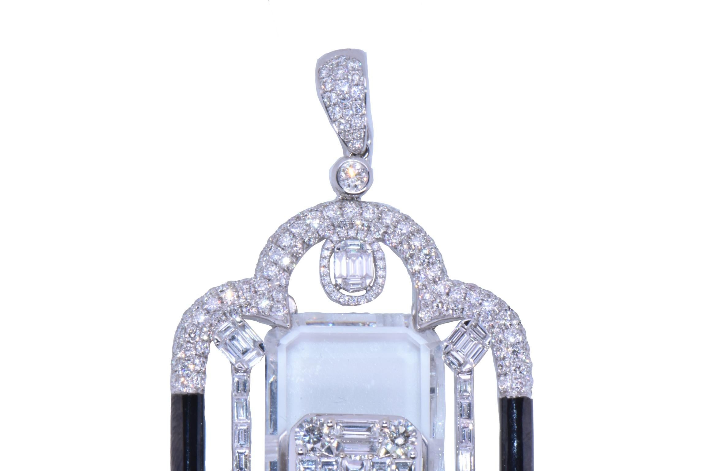 Baguette Cut 30.40 Carat Sunray Crystal & Diamond Pendant In 18k White For Sale