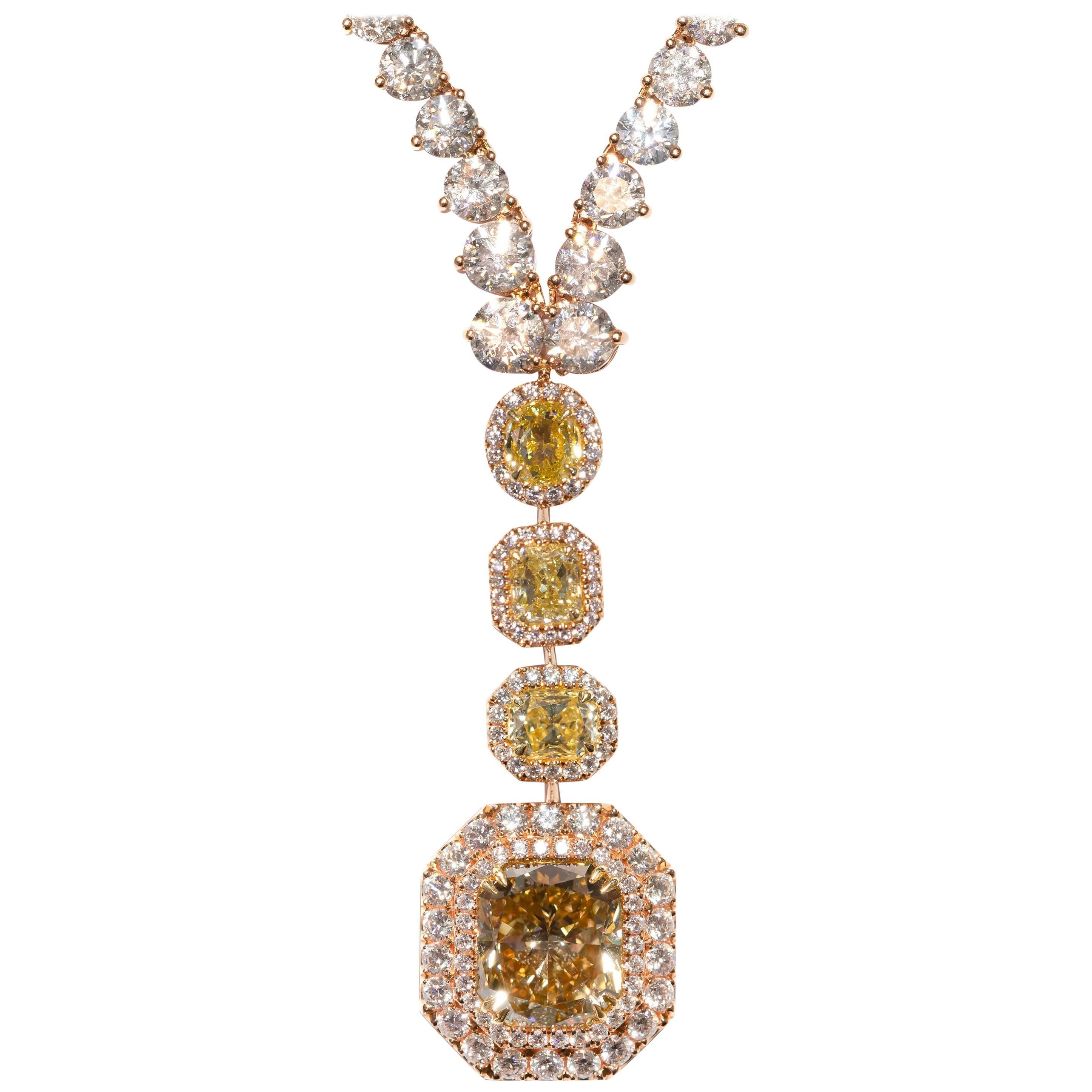 30.41 Carat Diamond Radiant Cushion Round Gold Bespoke Necklace Pendant For Sale