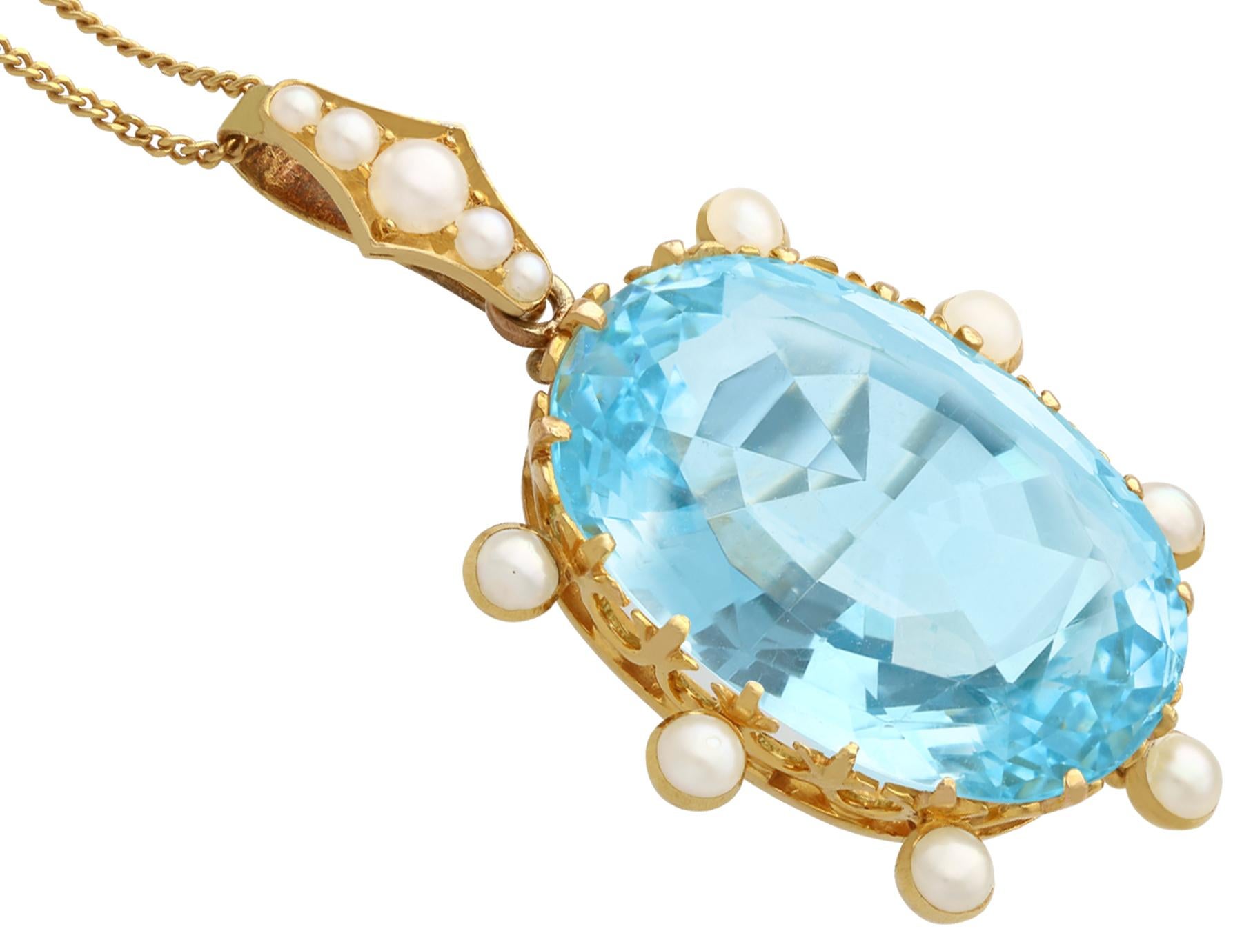 Oval Cut 1900s Antique 30.41 Carat Aquamarine and Pearl Yellow Gold Pendant For Sale