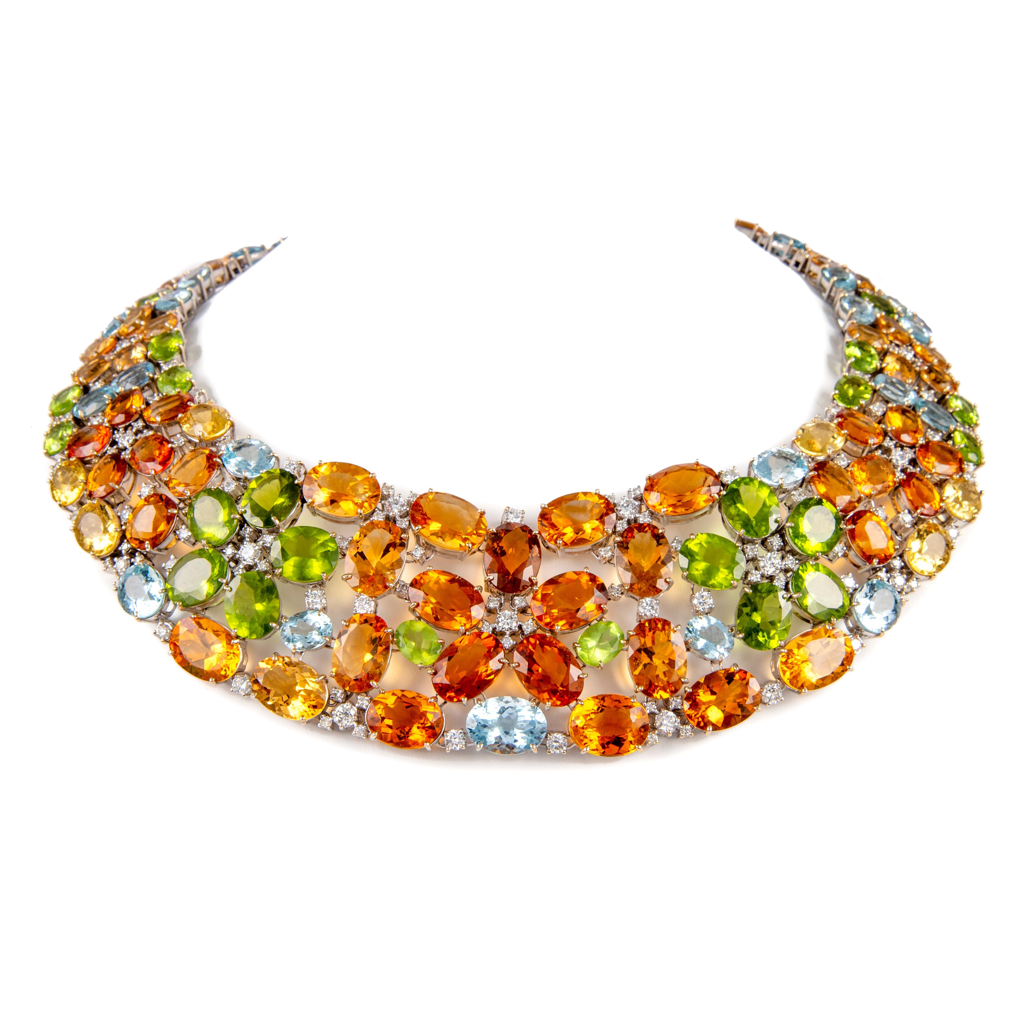 Contemporary 304.87ct Multi Color Stone & Diamond Necklace & Bracelet Set 18k White Gold