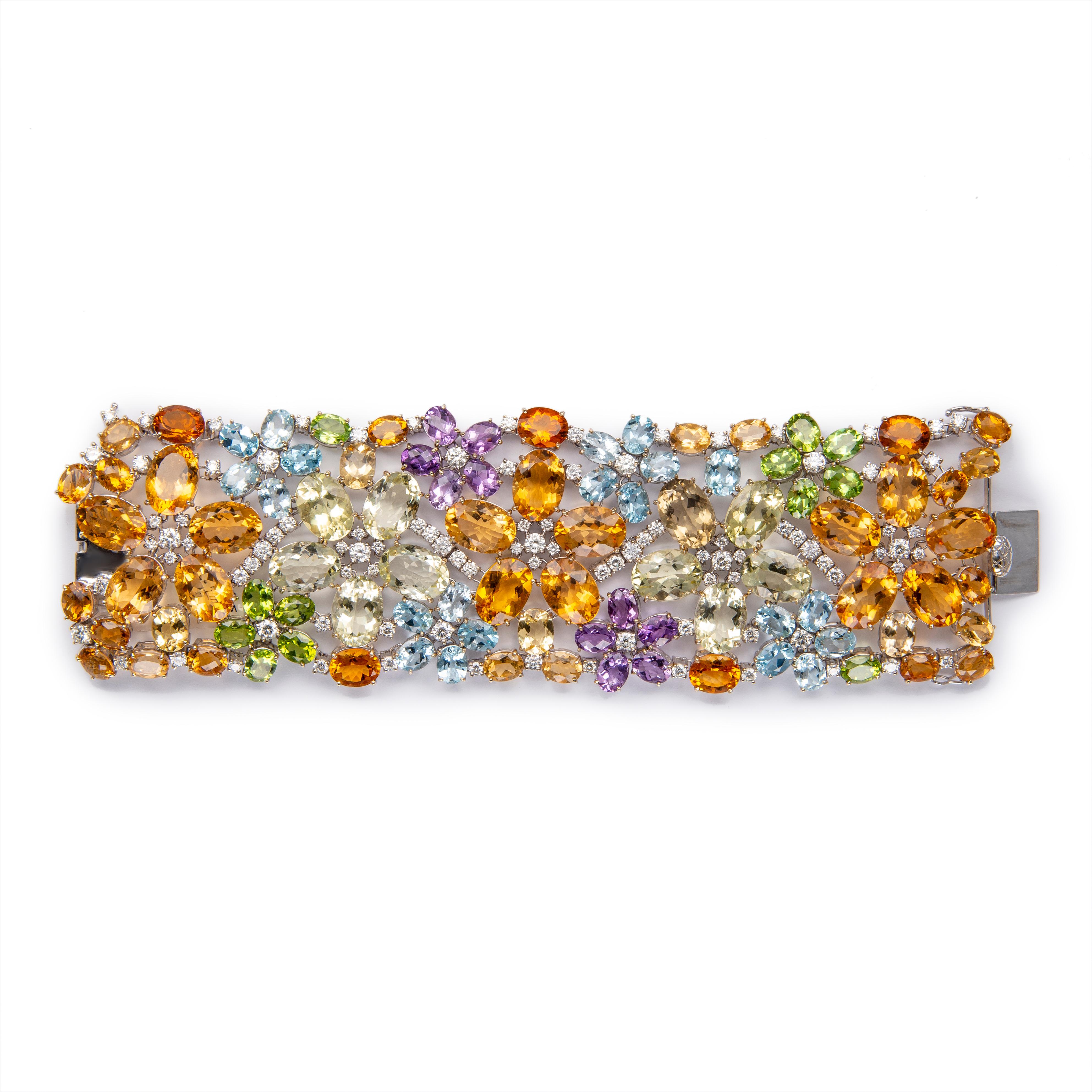 Oval Cut 304.87ct Multi Color Stone & Diamond Necklace & Bracelet Set 18k White Gold