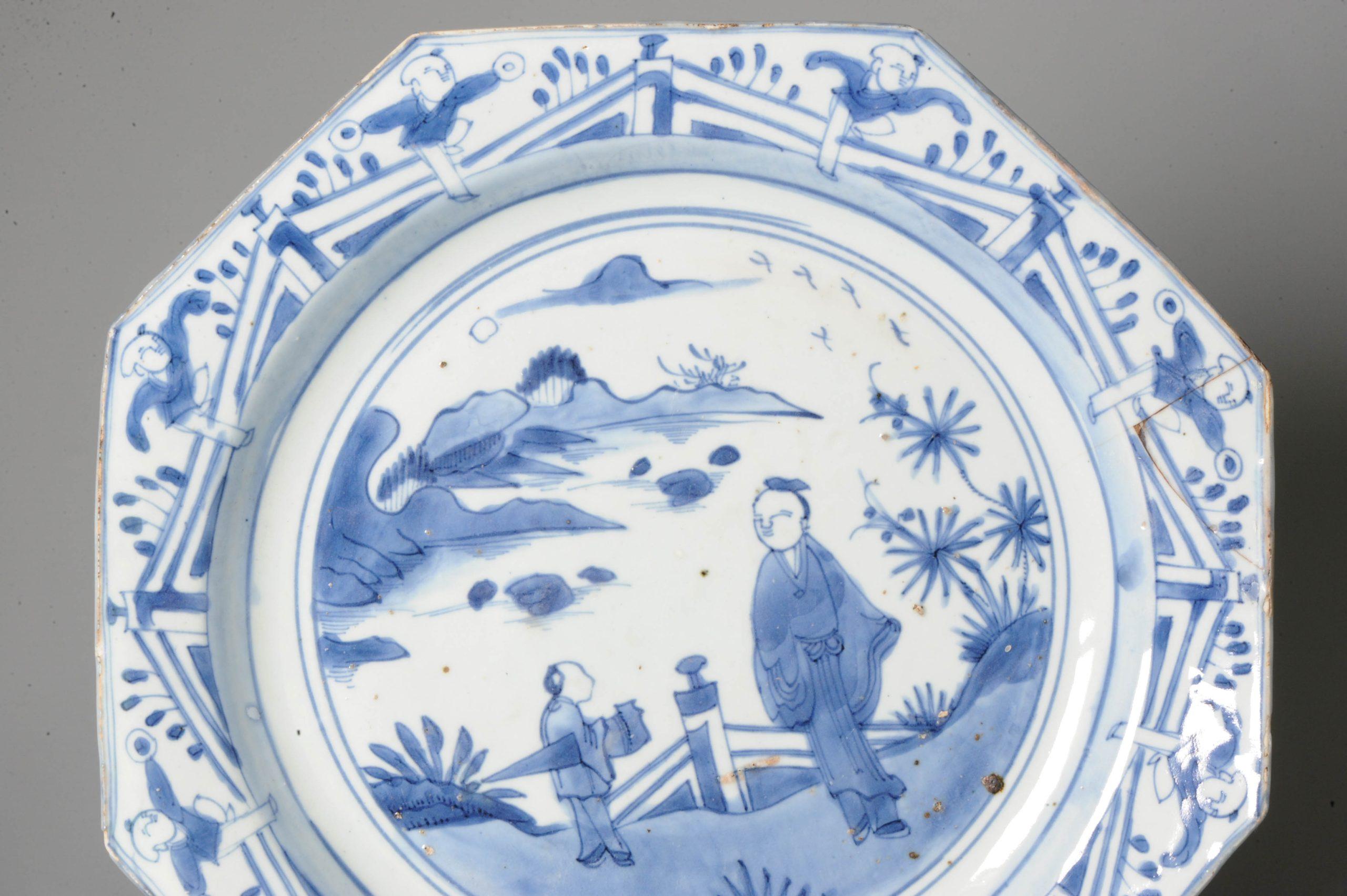 18th Century and Earlier 30.4cm Kosometsuke Antique Chinese Porcelain Dish 17 C Ming Literatus Children For Sale