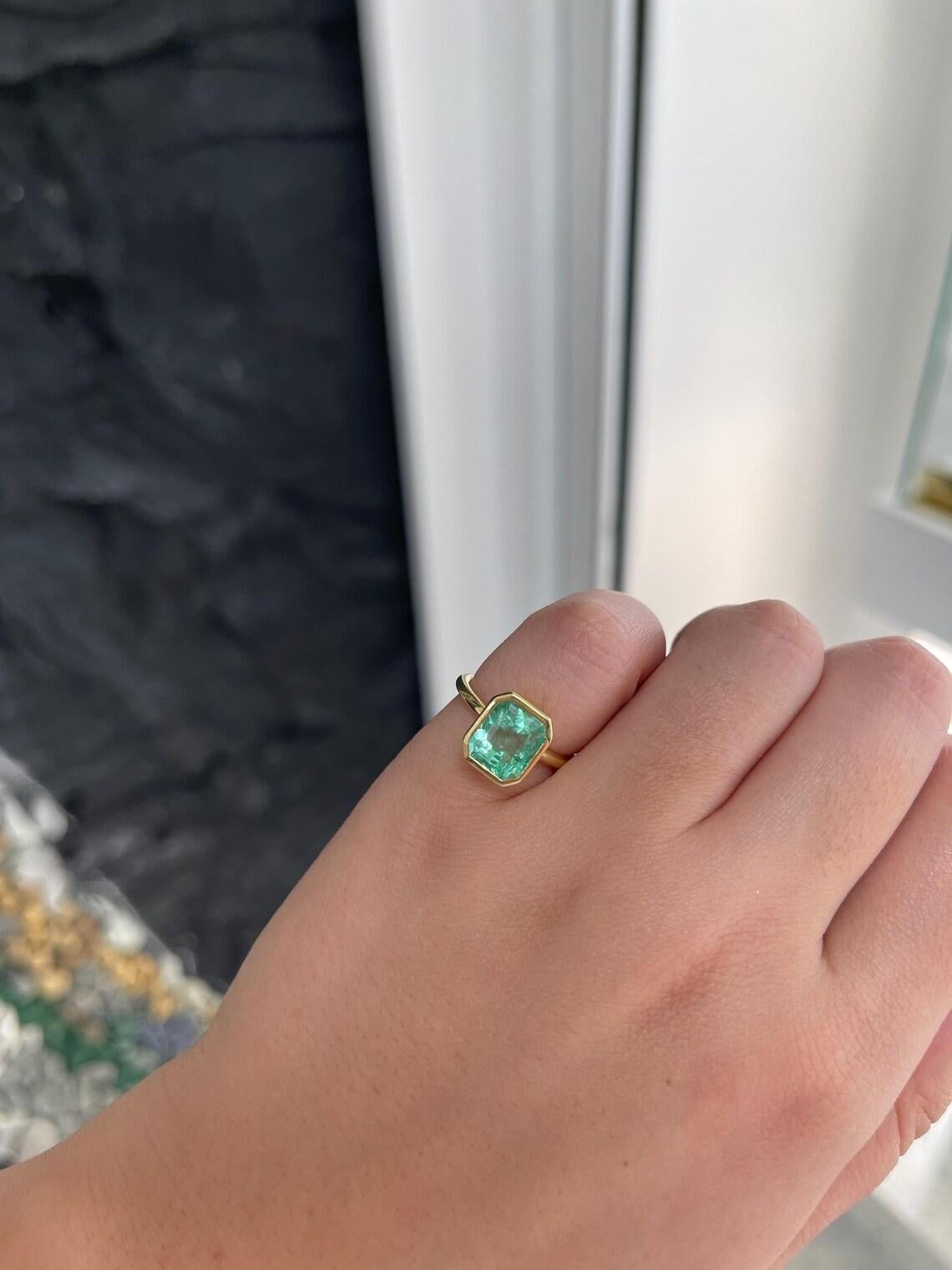 3,04ct 18K Seafoam kolumbianischen Smaragd Schliff Lünette Solitär Verlobungsring im Angebot 1
