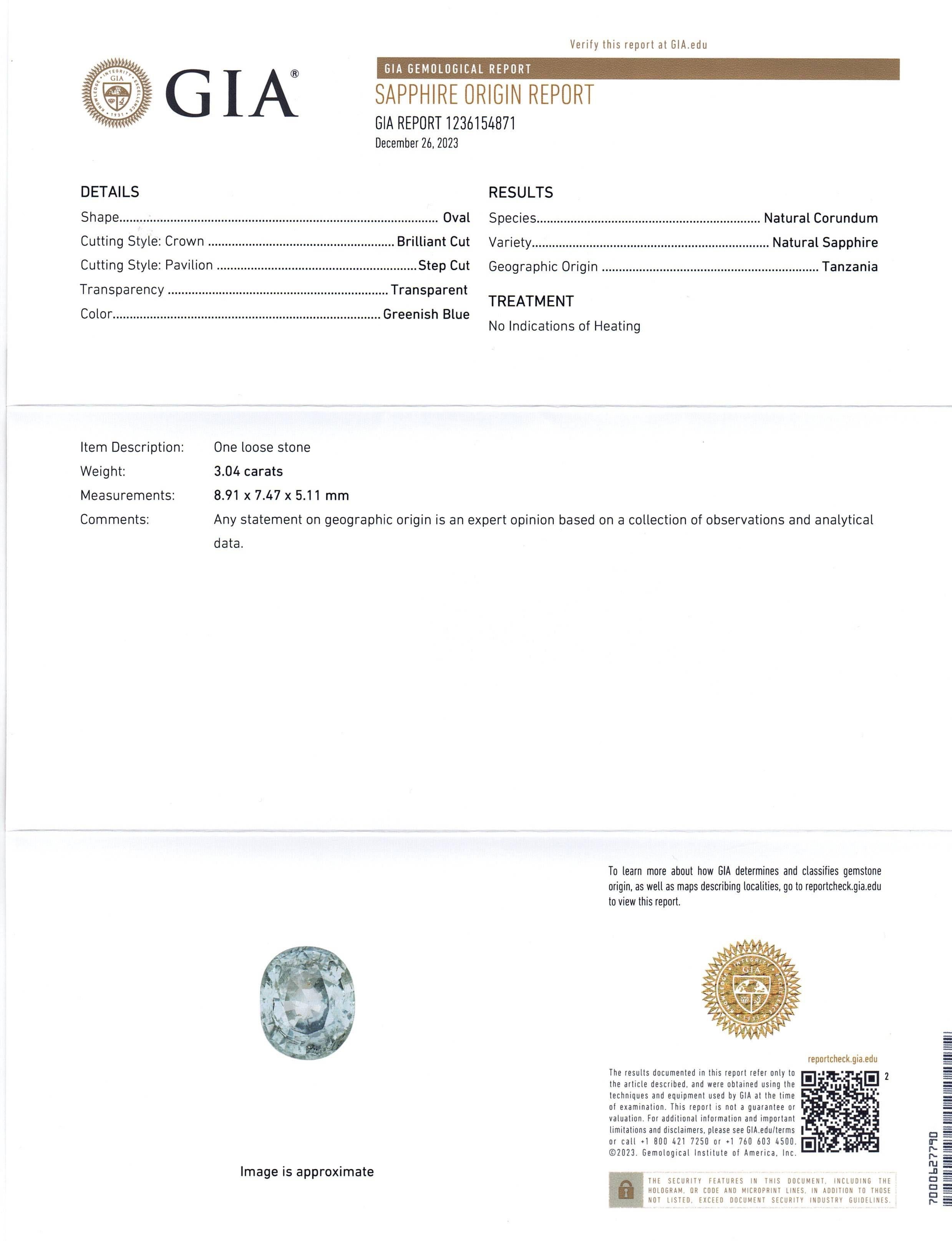 This is a stunning GIA Certified Sapphire 


The GIA report reads as follows:

GIA Report Number: 1236154871
Shape: Oval
Cutting Style: 
Cutting Style: Crown: Brilliant Cut
Cutting Style: Pavilion: Step Cut
Transparency: Transparent
Colour: Greenish