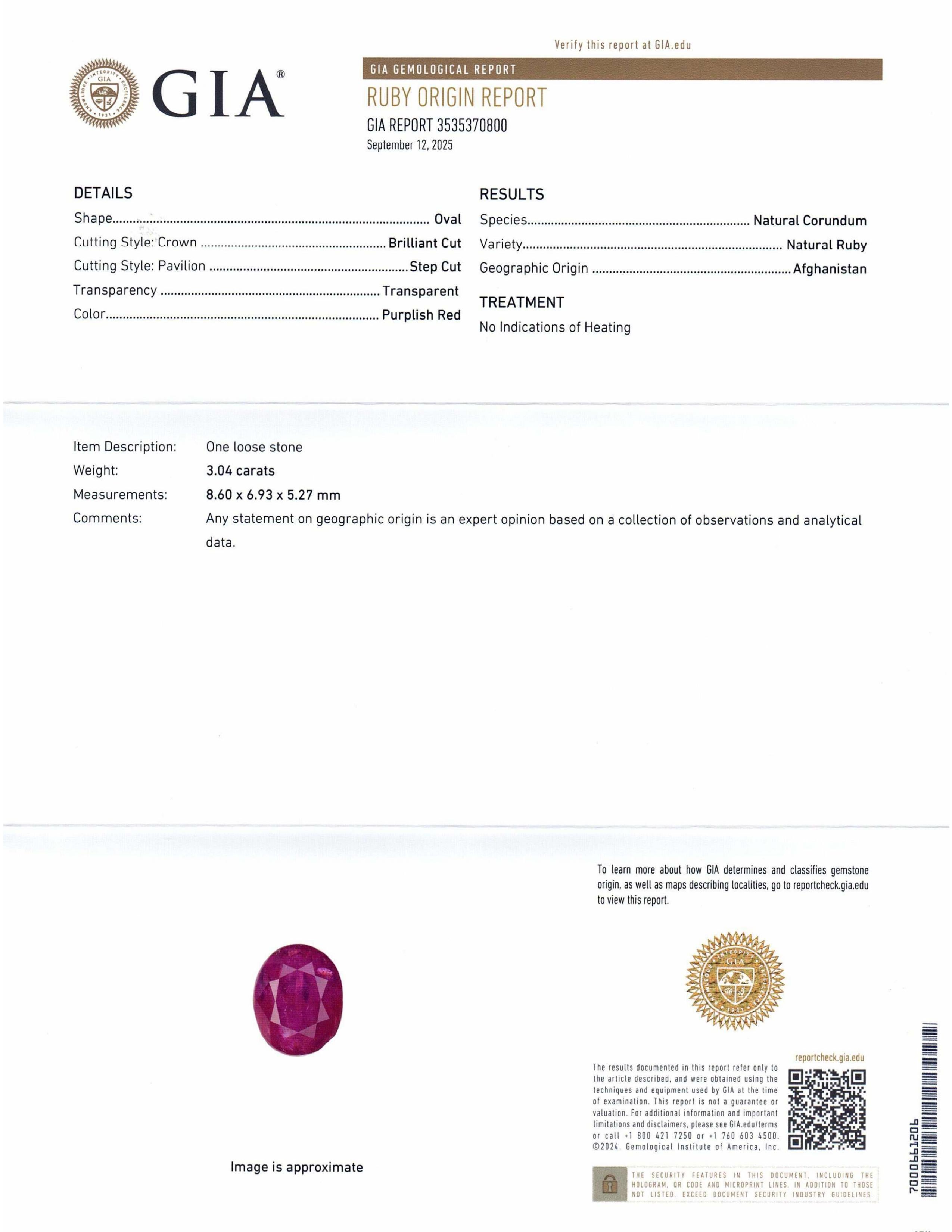 Si tratta di uno splendido rubino certificato GIA 


Il rapporto GIA recita come segue:

Numero del rapporto GIA: 3535370800
Forma: Ovale
Stile di taglio: 
Stile di taglio: Corona: Taglio brillante
Stile di taglio: Padiglione: Taglio a