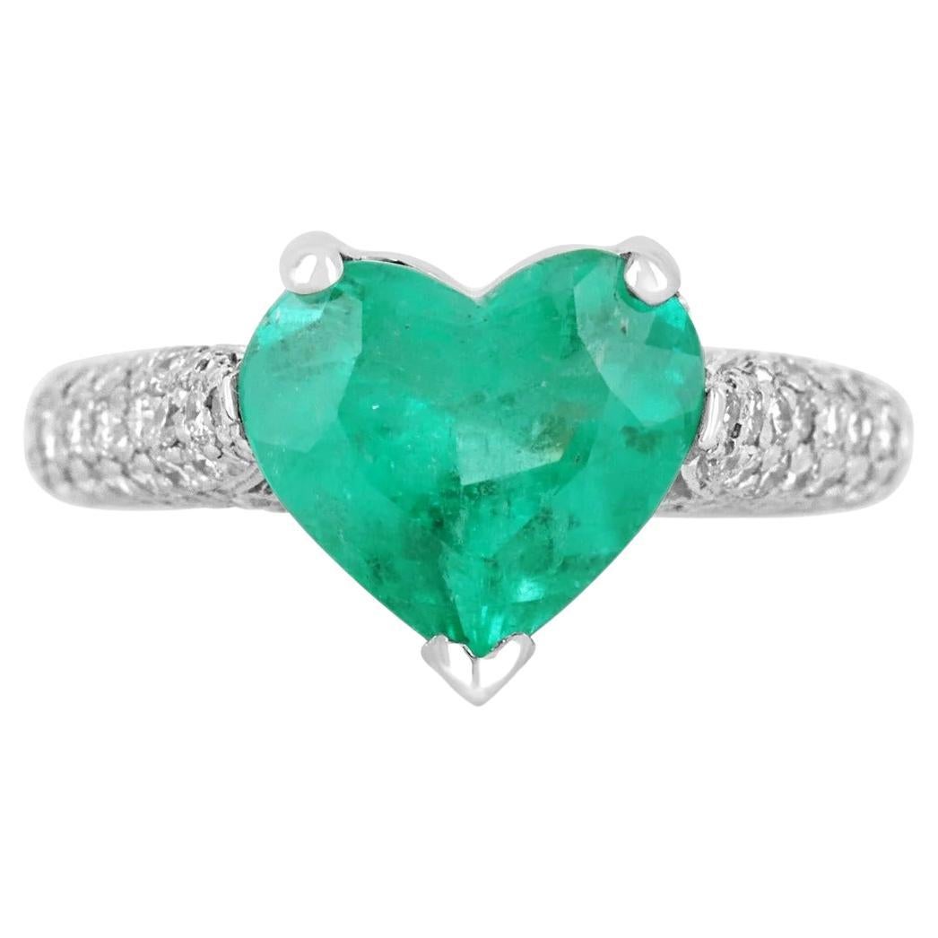 3.04tcw PLAT Colombian Emerald-Heart Cut & Diamond Cluster Band Ring For Sale