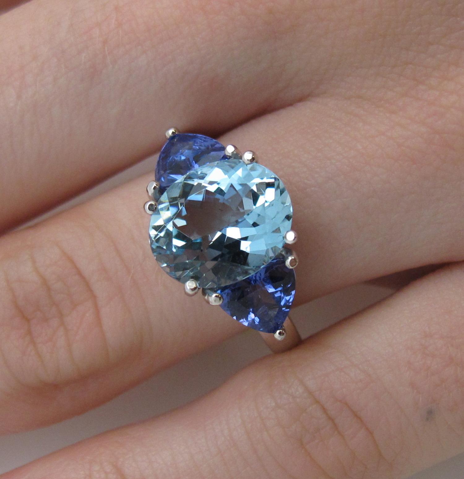 Oval Cut 3.05 ct. Aquamarine and Tanzanite Three-Stone Ring in 18k White Gold 