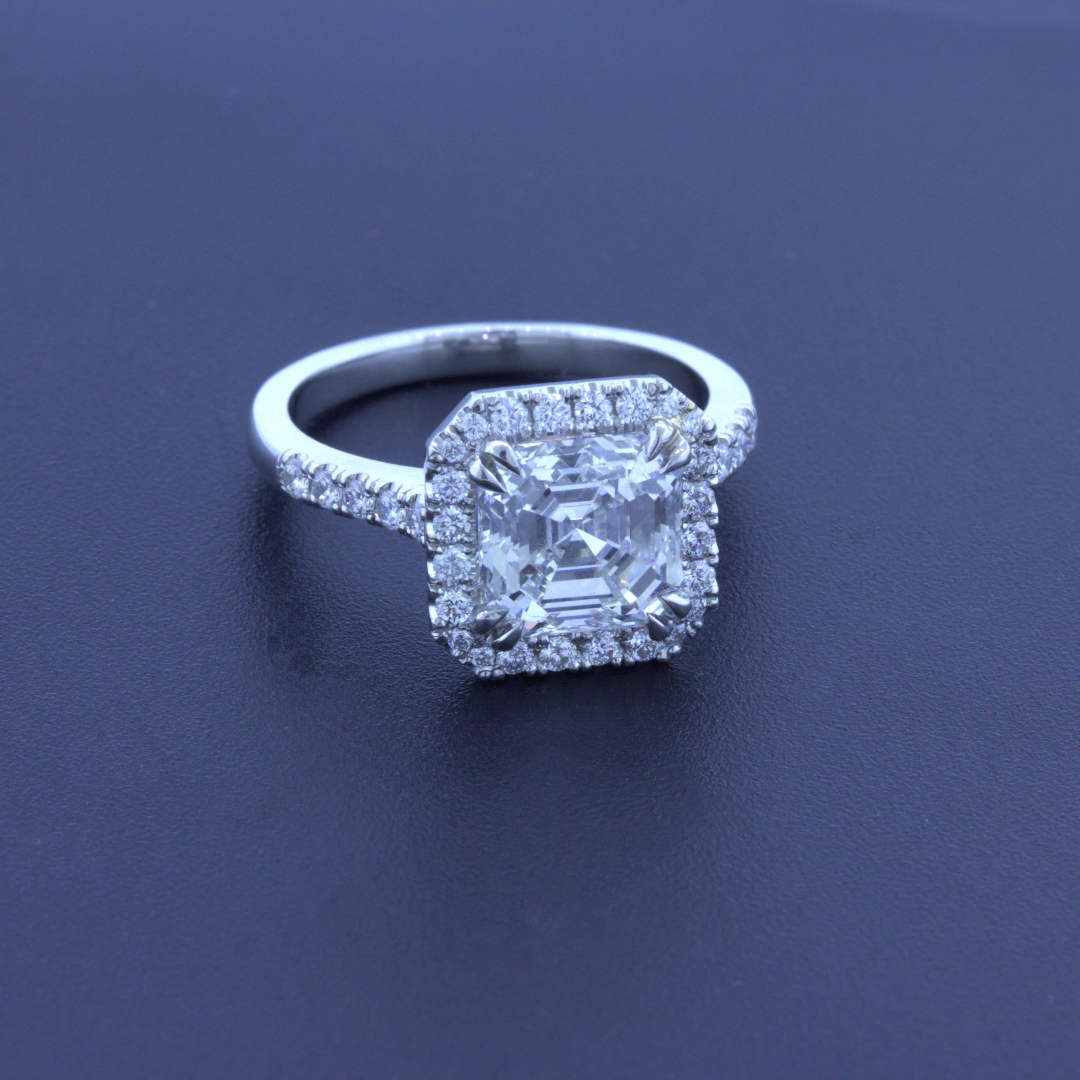 A chic and sexy engagement ring featuring a very fine, bright white and clean 3.05 carat Assher-cut diamond. It has a classic Asscher-cut shape which was created in 1902 to replicate an emerald-cut diamond but with more brilliance and light return.
