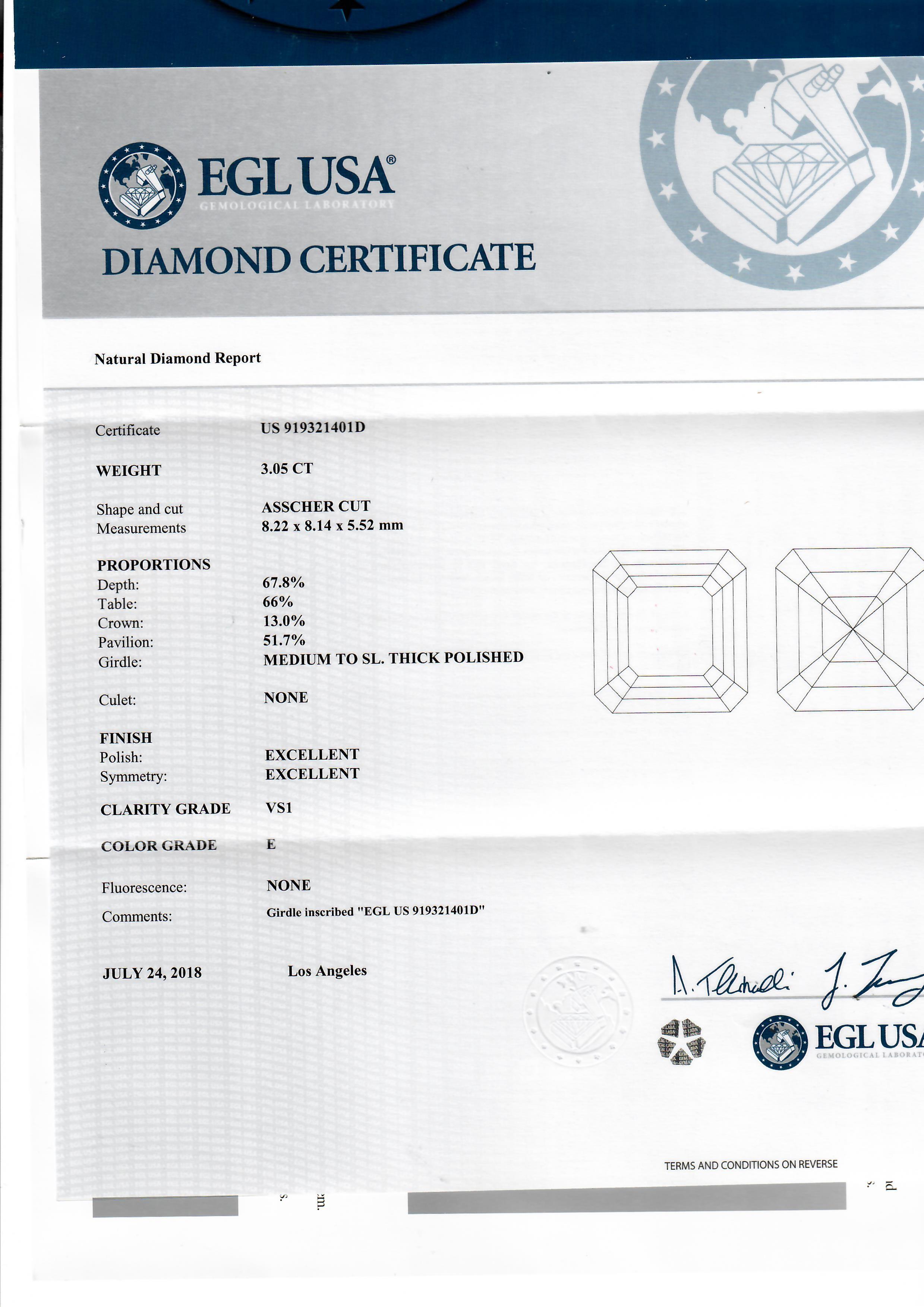 3.05 Carat Asscher-cut Diamond Platinum Engagement Ring, E-VS1 EGL Certified For Sale 2