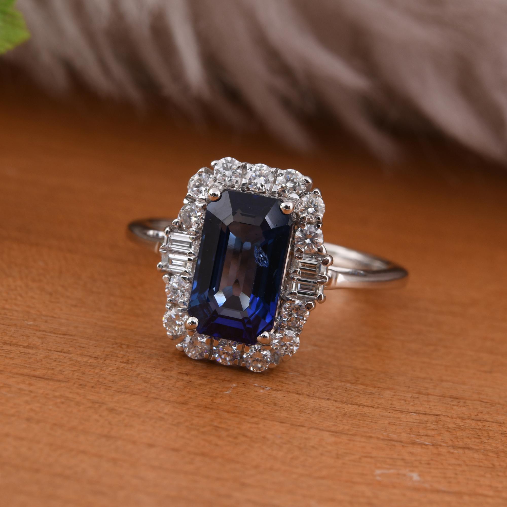 3,05 Karat Blauer Saphir Cocktail Ring 0,49 Ct SI/H Diamant 14 Karat Weißgold (Smaragdschliff) im Angebot