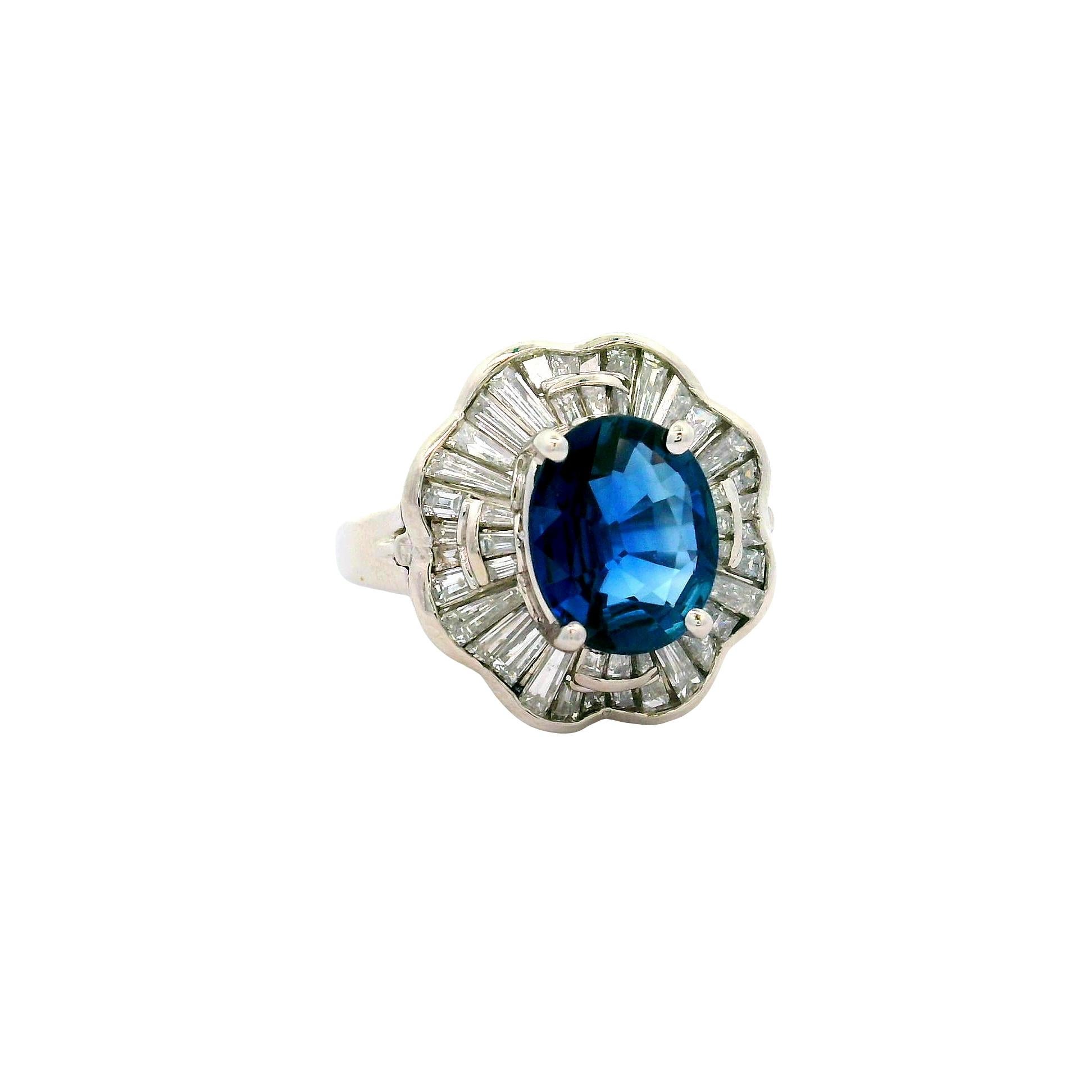 Oval Cut 3.05 Carat Blue Sapphire Diamond Platinum Ballerina Ring For Sale