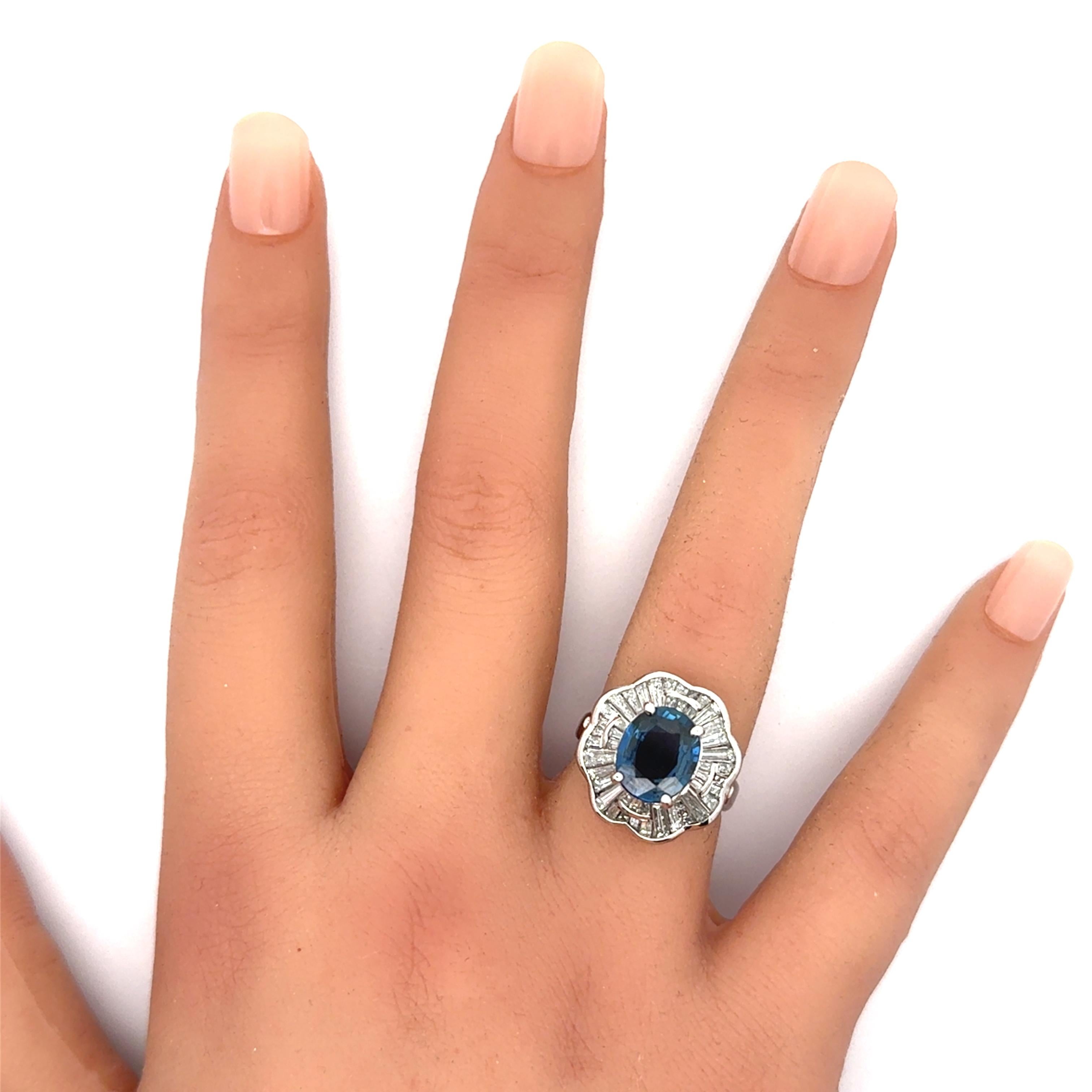 Women's 3.05 Carat Blue Sapphire Diamond Platinum Ballerina Ring For Sale