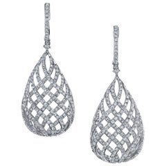 3.05 ct. t.w. Diamond 18k White Gold Lever Back Open Lattice Pear Drop Earrings