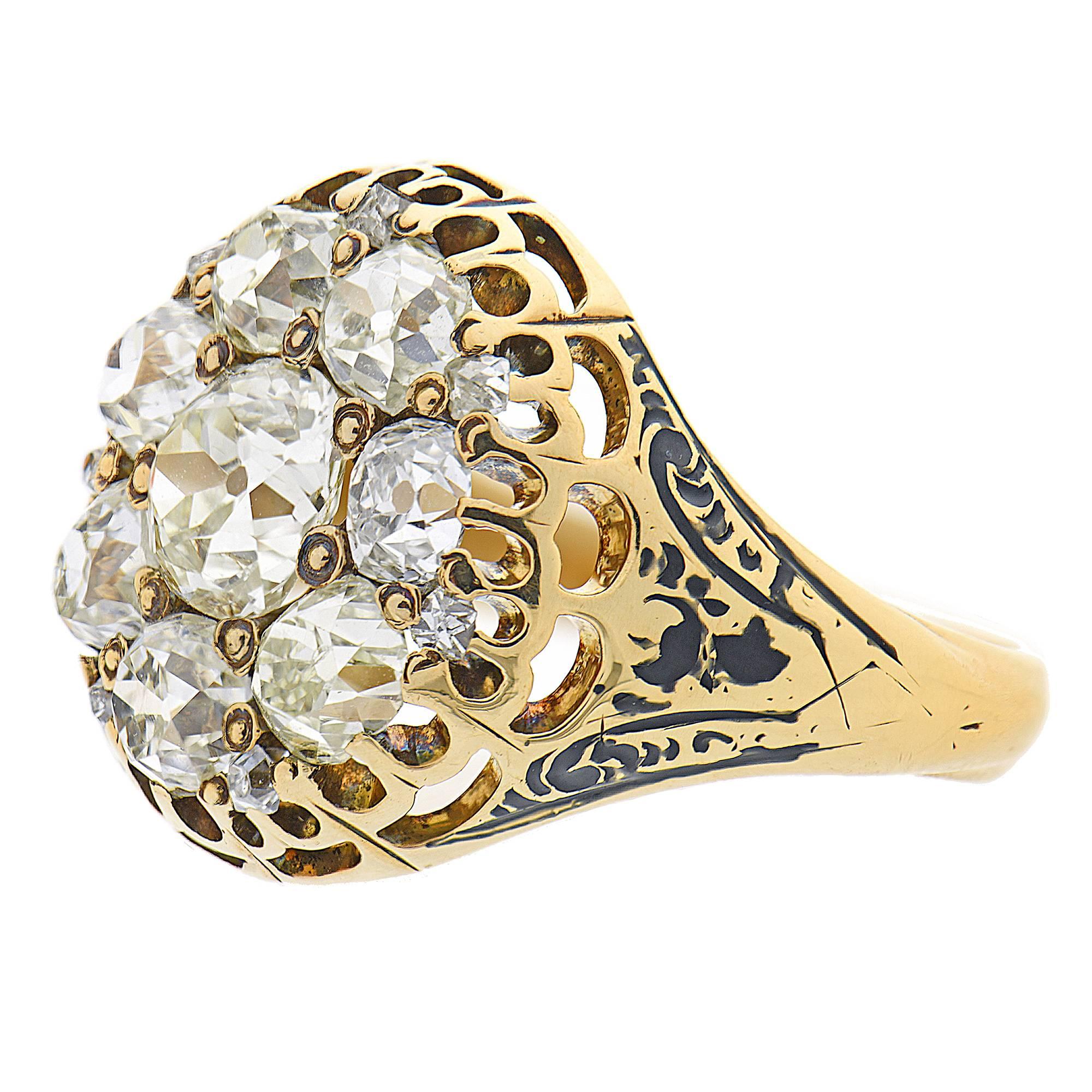Women's EGL 3.05 Carat Diamond Victorian Enamel Yellow Gold Cocktail Cluster Ring For Sale