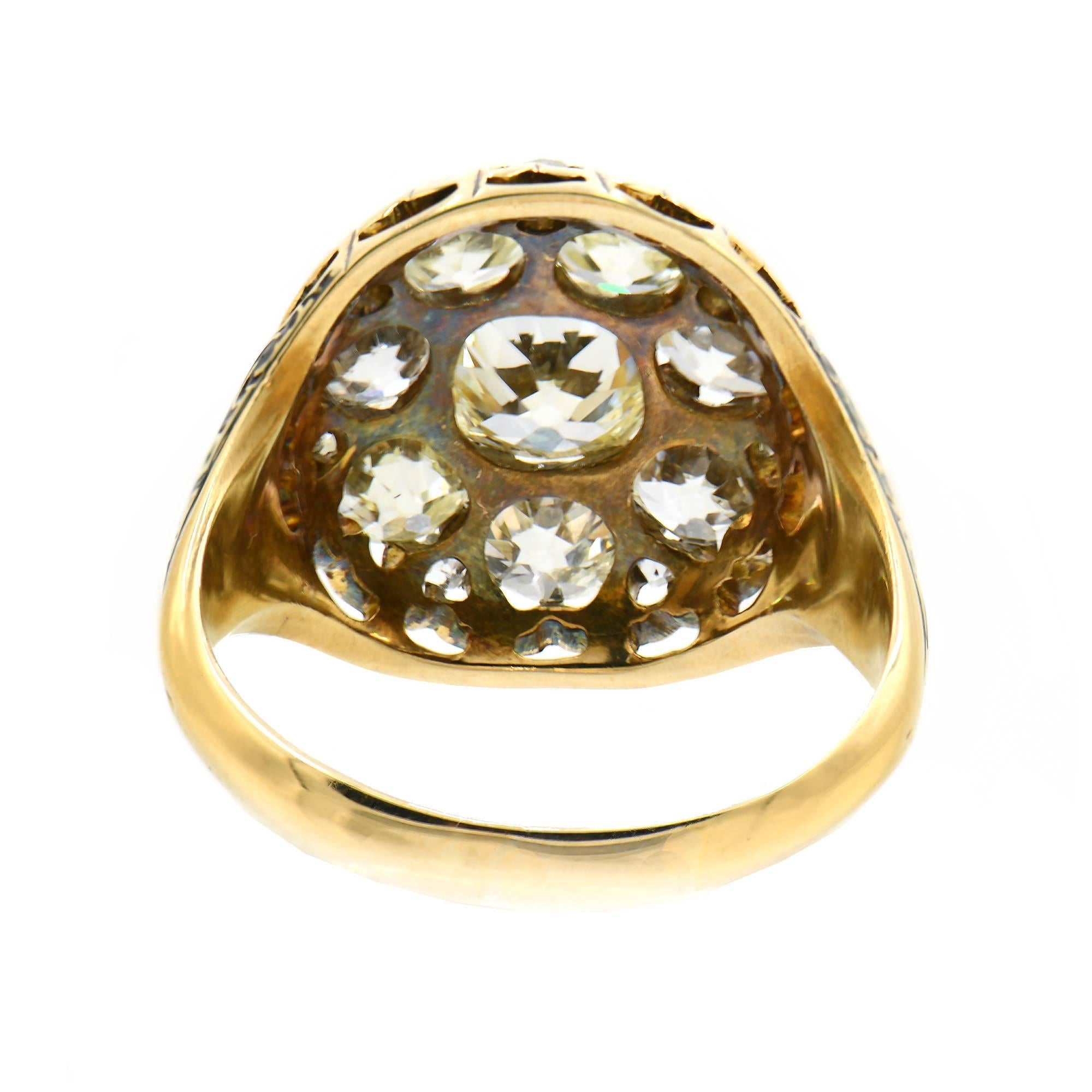 1800s Victorian diamond cluster cocktail ring. 3.05cts diamonds set in 18k yellow gold setting with an hand enameled shank.  EGL certified 

1 old mine diamond K-L SI approximate .91 carats EGL Certificate # US 314571701D
7 old mine diamonds