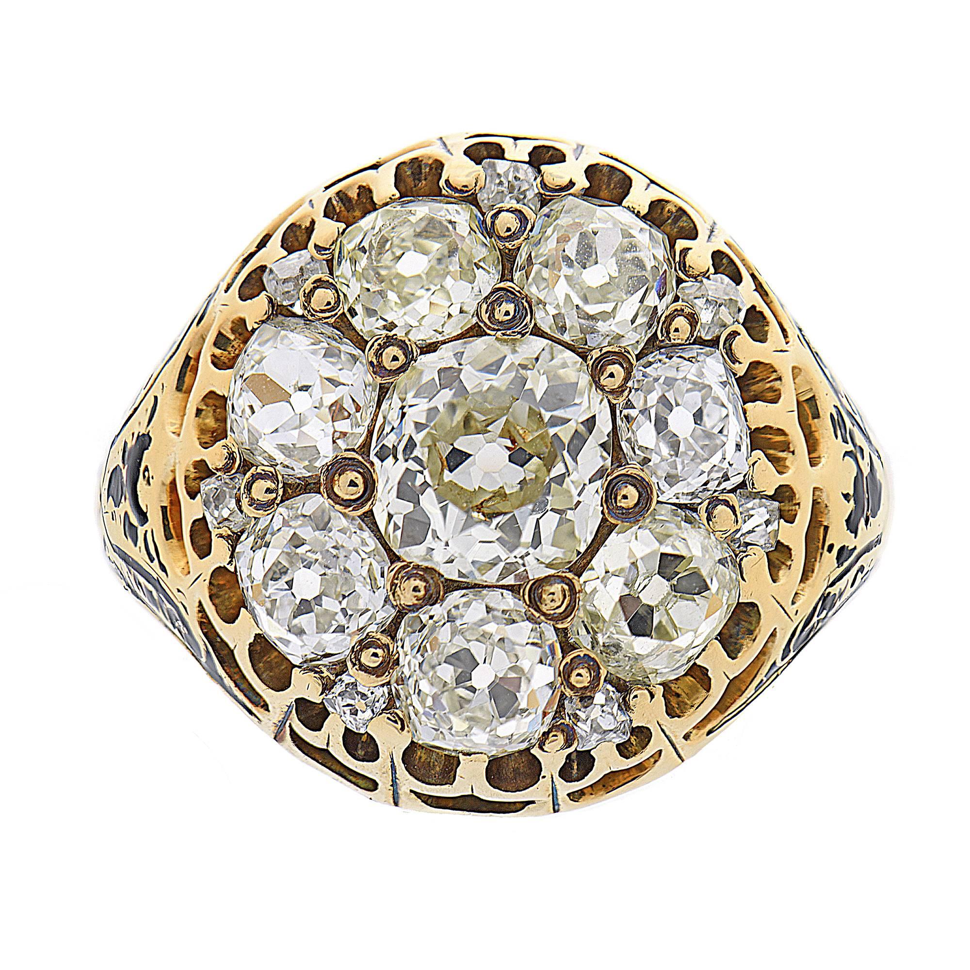 EGL 3.05 Carat Diamond Victorian Enamel Yellow Gold Cocktail Cluster Ring For Sale