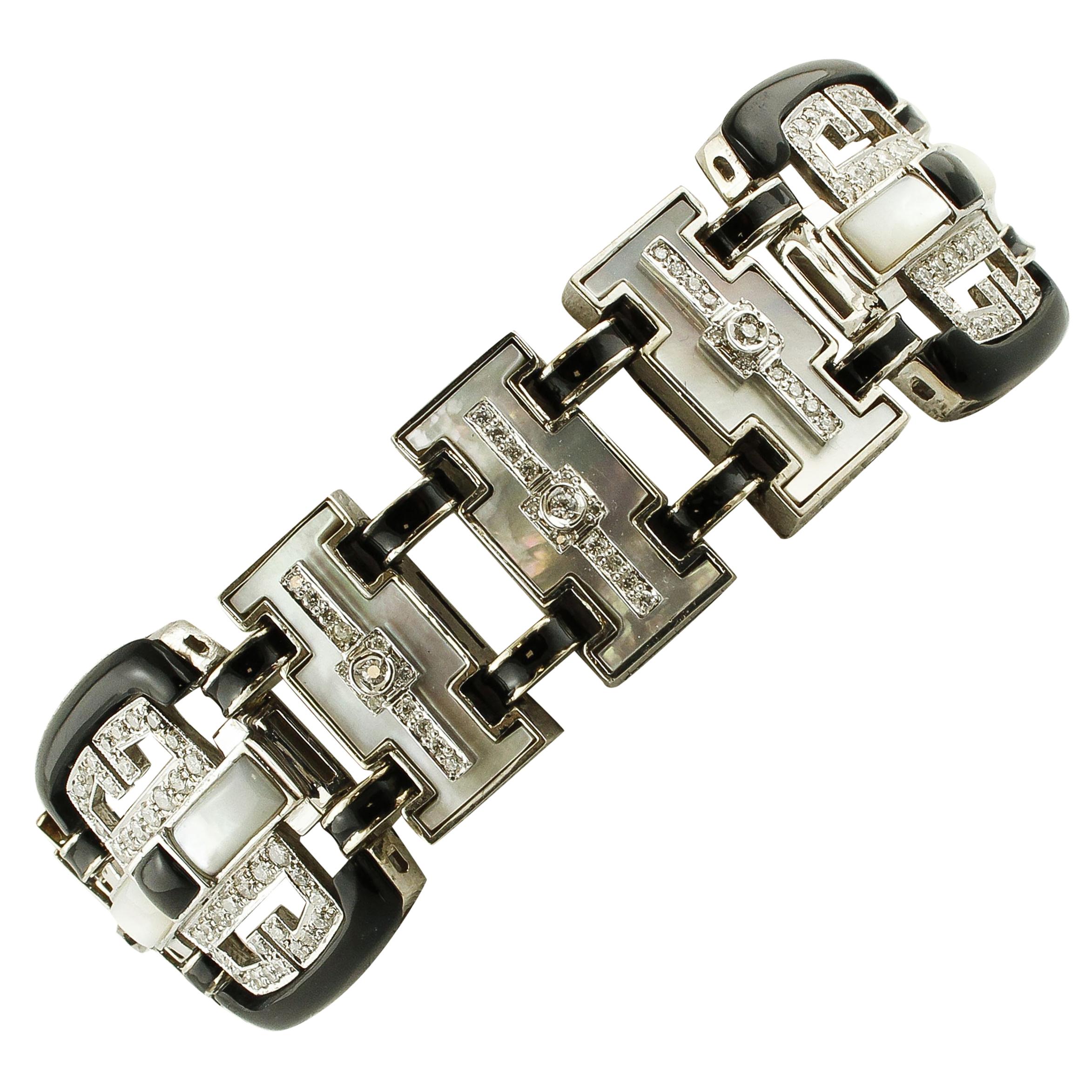 Diamanti da 3,05 carati, Onice da 5,6 G e Pietre Bianche Bracciale Retrò in Oro Bianco