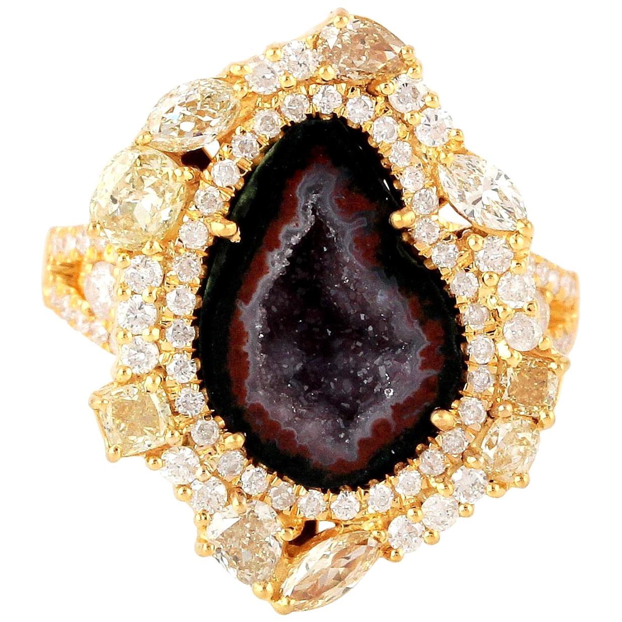 3.05 Carat Geode Agate Diamond 18 Karat Cocktail Ring For Sale