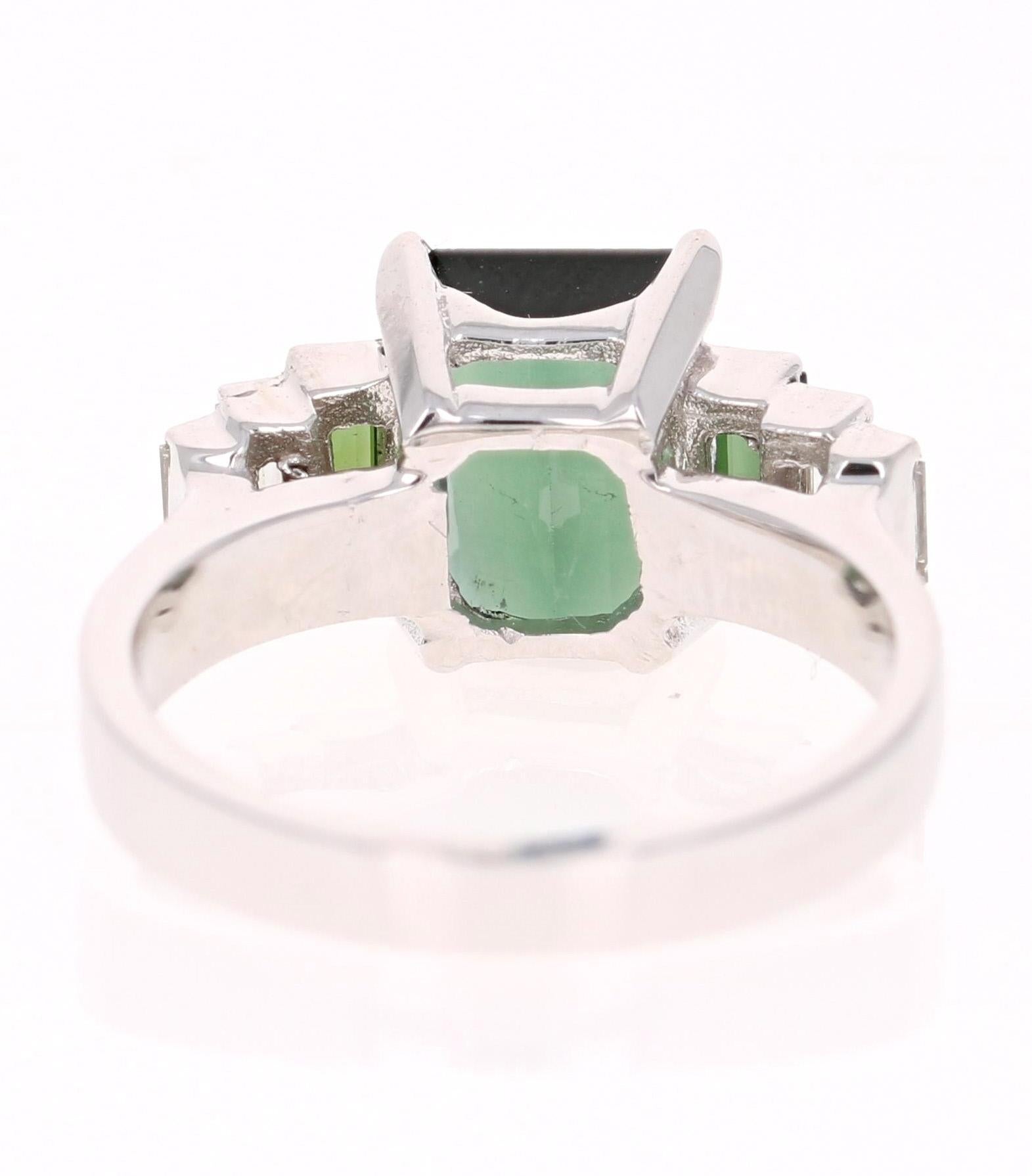 Emerald Cut 3.05 Carat Green Tourmaline Diamond 18 Karat White Gold Ring