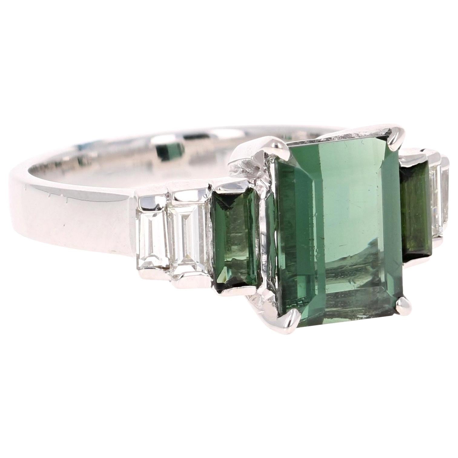 3.05 Carat Green Tourmaline Diamond 18 Karat White Gold Ring