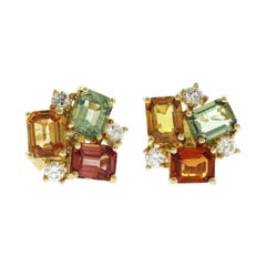 3.05 Carat Multi-Color Sapphire 0.29 Carat Diamonds in 18k Gold Stud Earrings