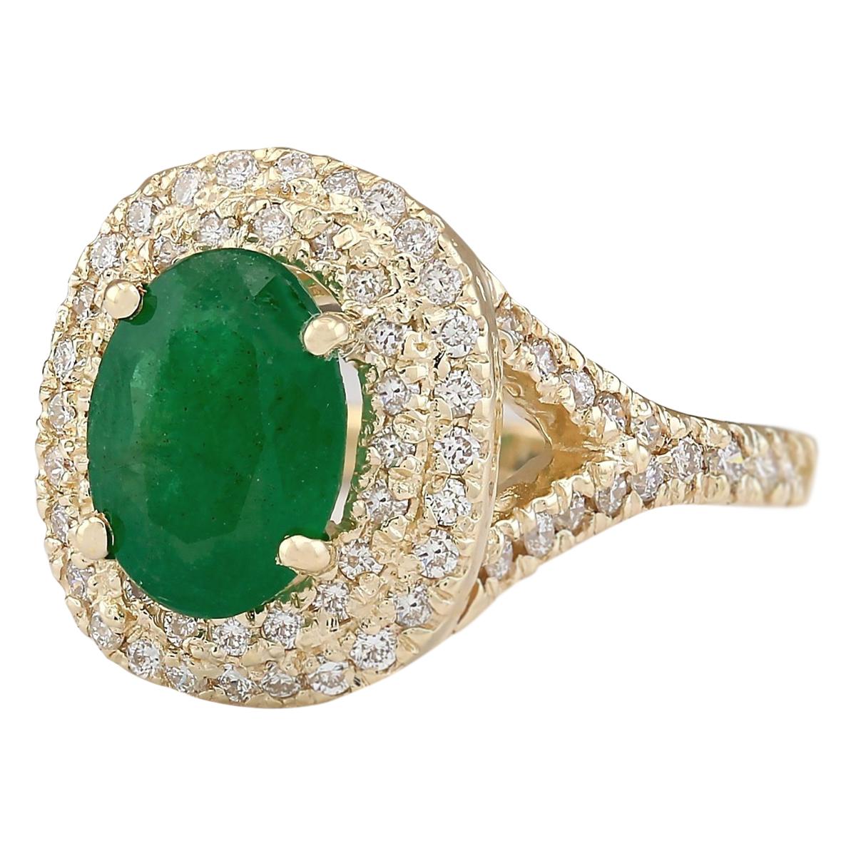 3.05 Carat Natural Emerald 14 Karat Yellow Gold Diamond Ring
Stamped: 14K Yellow Gold
Total Ring Weight: 6.2 Grams
Total Natural Emerald Weight is 2.15 Carat (Measures: 9.00x7.00 mm)
Color: Green
Total Natural Diamond Weight is 0.90 Carat
Color: