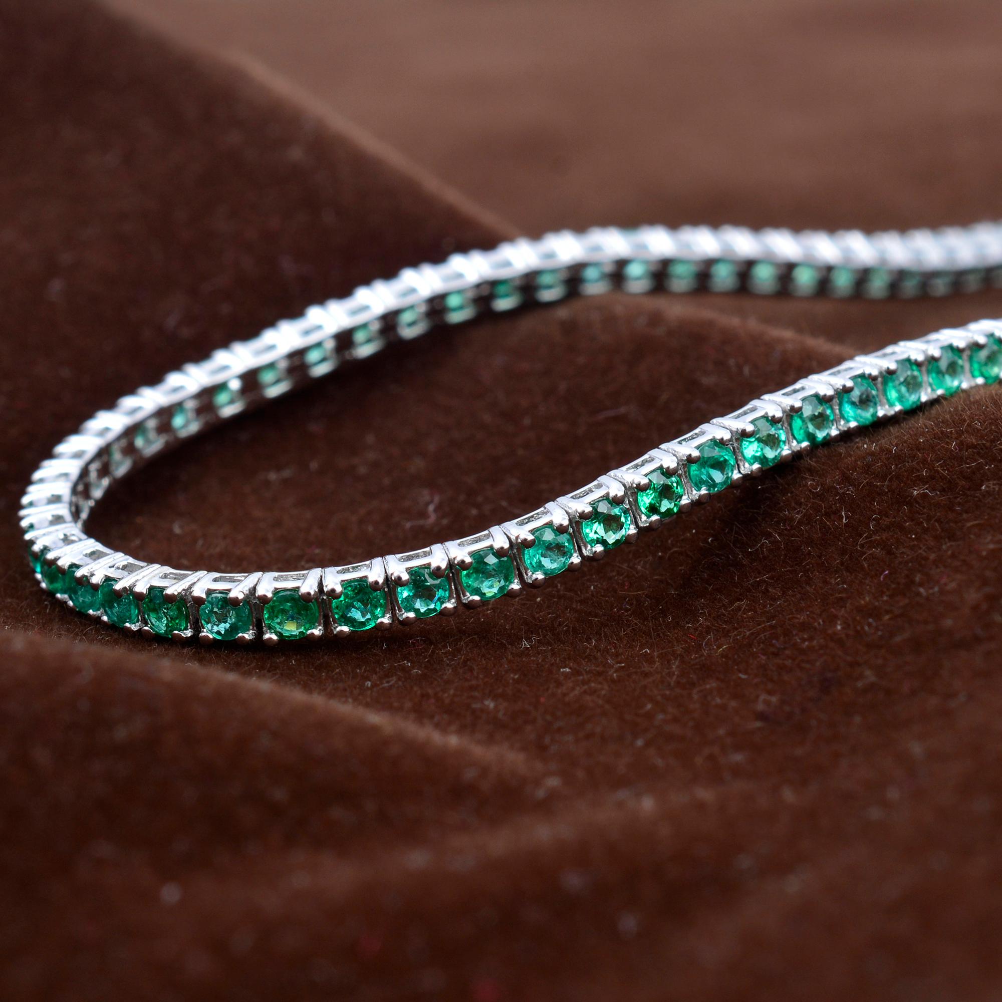 Round Cut 3.05 Carat Natural Emerald Gemstone Tennis Bracelet 14k White Gold Fine Jewelry For Sale