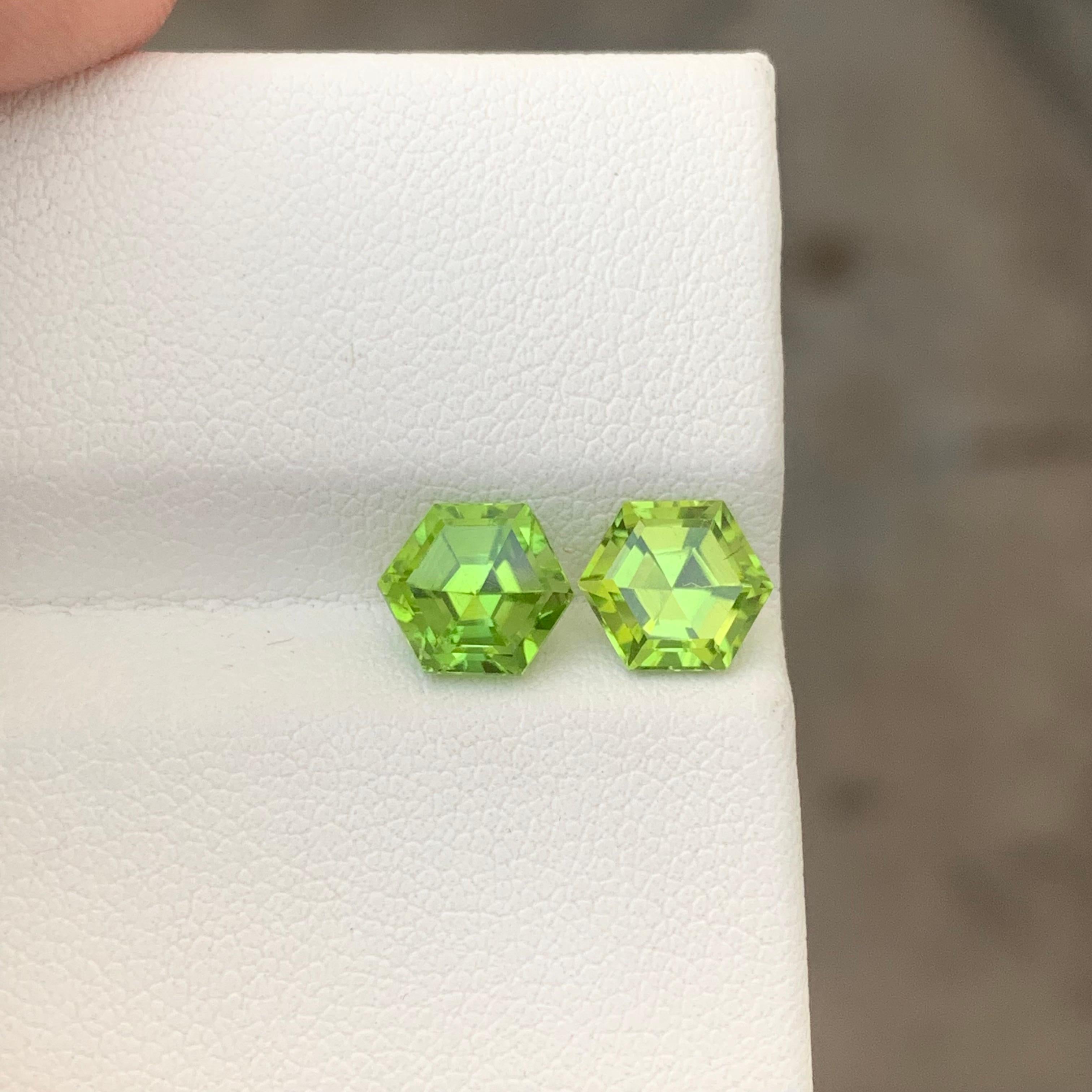 Gemstone Type : Peridot Pairs
Weight : 3.05 Carats
Dimension: 6.6x6.6x4.6 & 5.3 Mm 
Origin : Suppat Valley Pakistan
Clarity : Eye Clean
Certificate: On Demand
Color: Green
Treatment: Non
Shape: Hexagon
It helps cure diseases related to lungs,