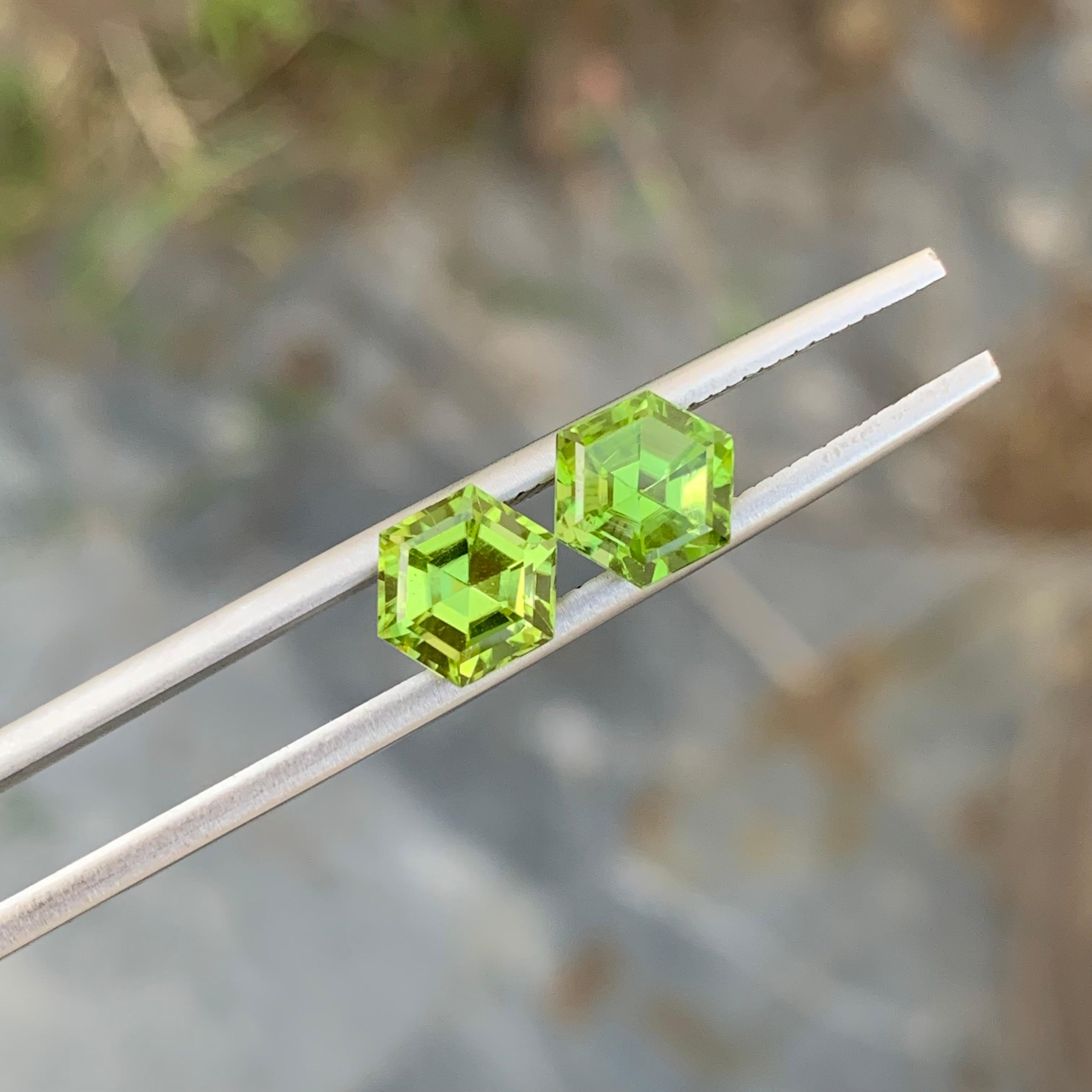 Arts and Crafts 3.05 Carat Natural Loose Dual Peridot Hexagon Shape Gem For Earrings Jewellery  For Sale