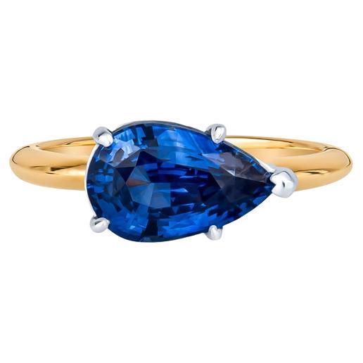 3.05 Carat Natural Pear Shaped Blue Sapphire 18k Yellow Gold & Platinum Ring