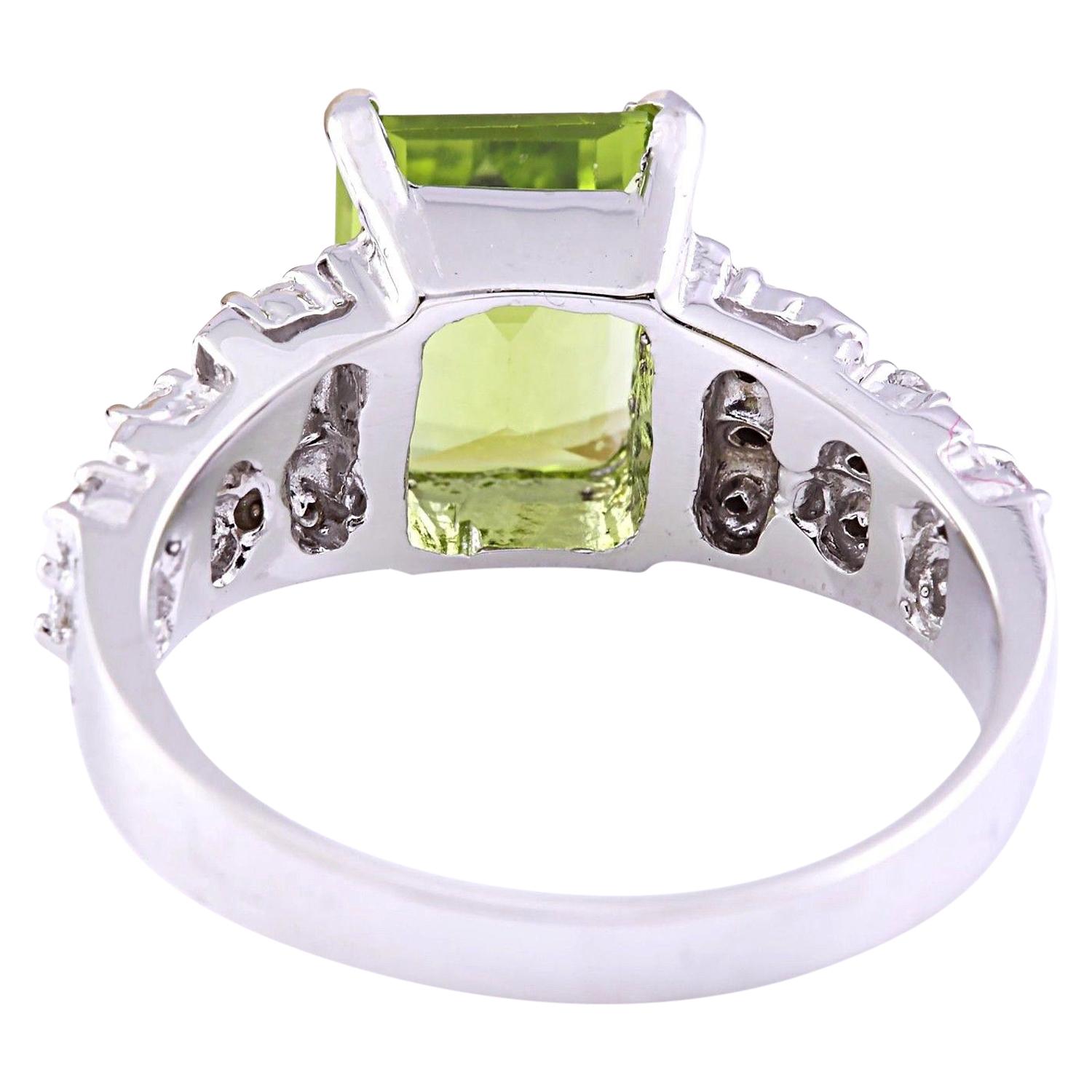 Modern Dazzling Natural Peridot Diamond Ring In 14 Karat Solid White Gold  For Sale