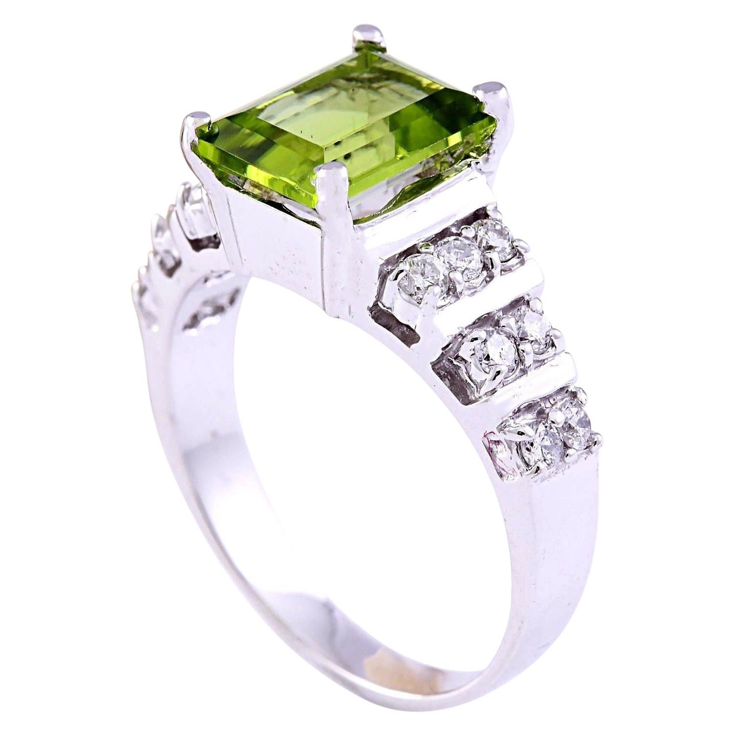 Emerald Cut Dazzling Natural Peridot Diamond Ring In 14 Karat Solid White Gold  For Sale