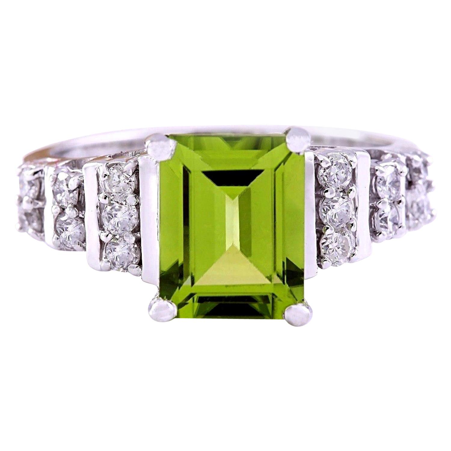 Dazzling Natural Peridot Diamond Ring In 14 Karat Solid White Gold  For Sale