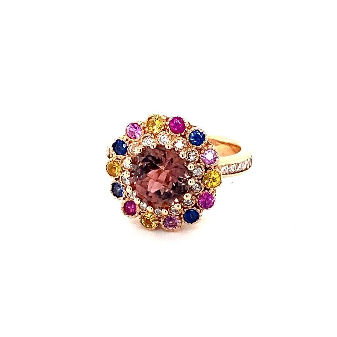 Contemporary 3.05 Carat  Natural Tourmaline Sapphire Diamond Rose Gold Cocktail Ring For Sale